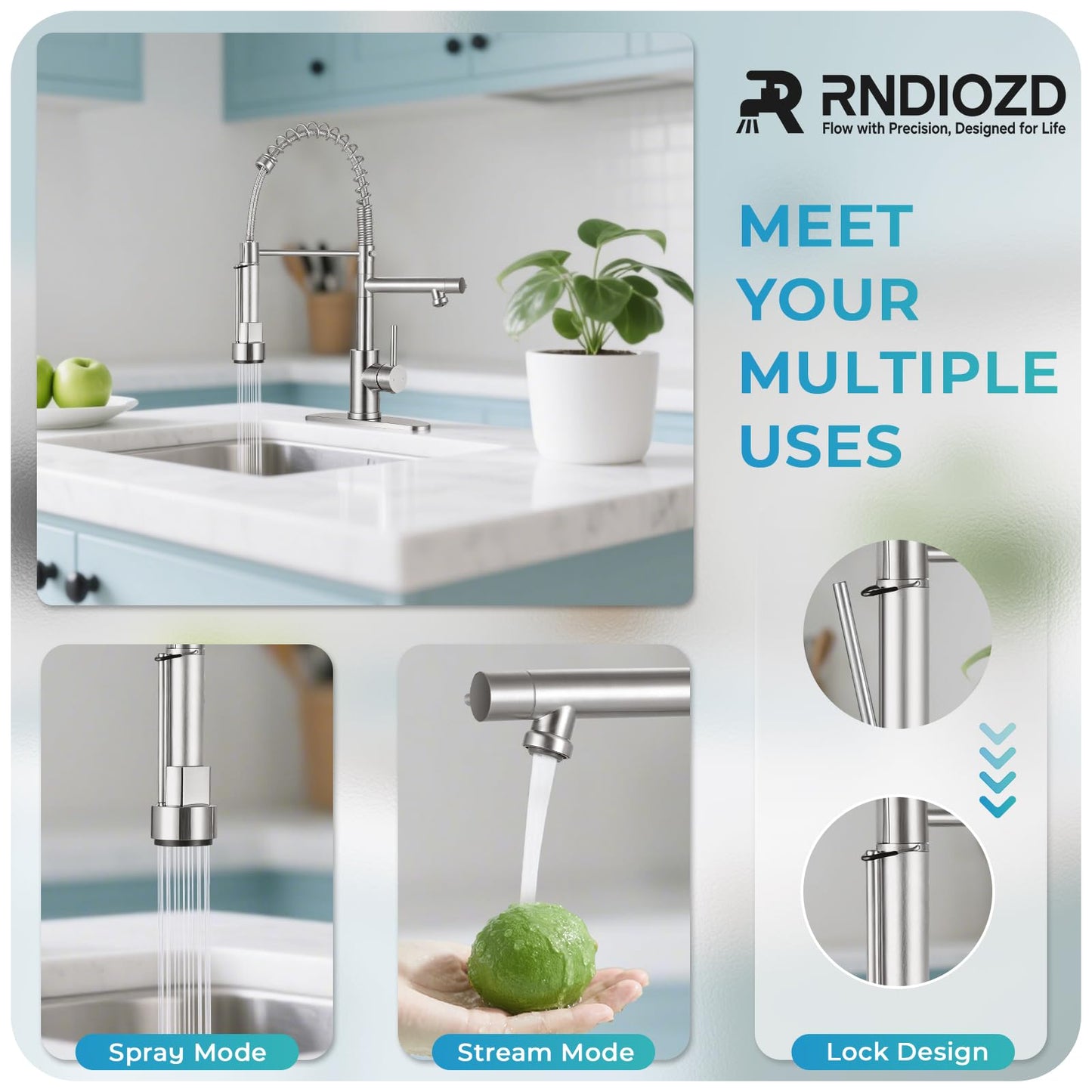 RNDIOZD Kitchen Faucet with Pull Down Sprayer - Brushed Nickel Single Handle Commercial Kitchen Faucets, 2-Spout Kitchen Sink Faucet, Stainless Steel Spring Pull Out Sink Faucet 1/3 Hole