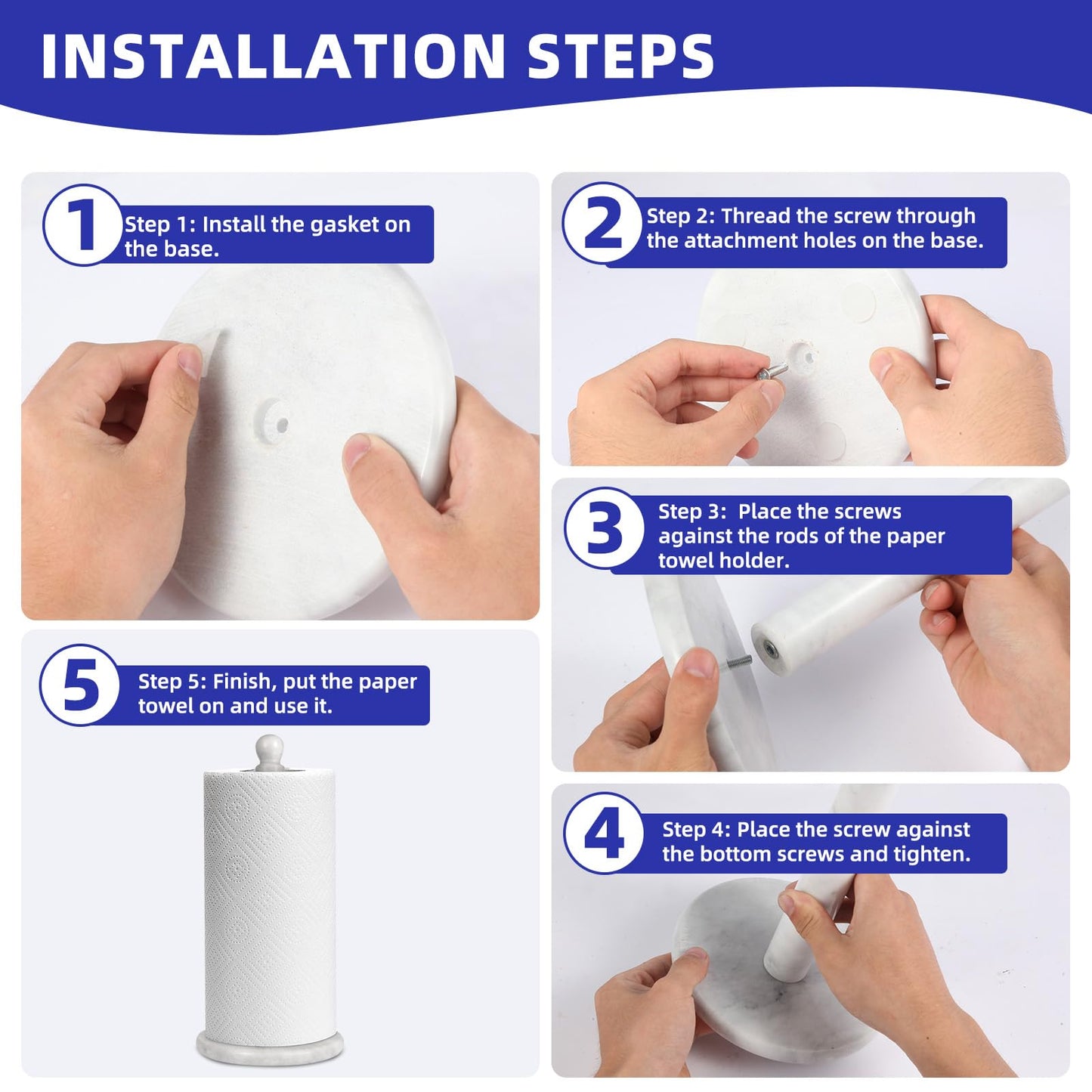 Natural Marble Paper Towel Holder for Kitchen Countertop - 2.6 lbs (1.2kg) Heavy Duty Weighted Base for One-Handed Tearing - Fits Jumbo Rolls - Elegant Modern Design with Ball Top - White & Grey