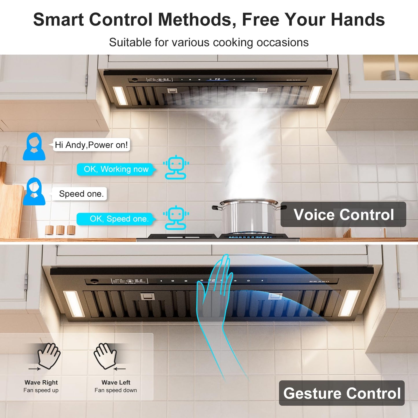 BRANO Range Hood Insert 30 Inch, 900 CFM Voice/Gesture/Touch Control Build-in Kitchen Hood Vent with 4 Speed Exhaust Fan, Memory Mode, Adjustable Lights, Ducted/Ductless Convertible