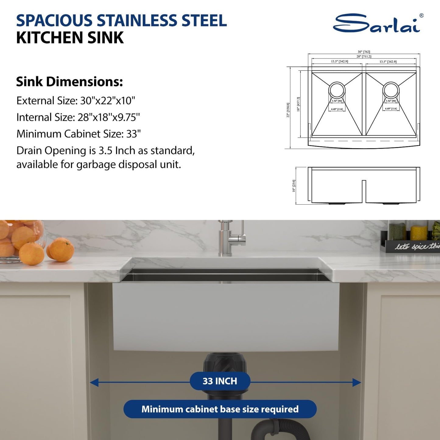 Sarlai 30 Stainless Farmhouse Sink Double Bowl - 30x22 Inch Apron Front Kitchen Sink Ledge Workstation Double Bowl 60/40 Low Divide Farmer Kitchen Sinks 16 Gauge Stainless Steel Basin