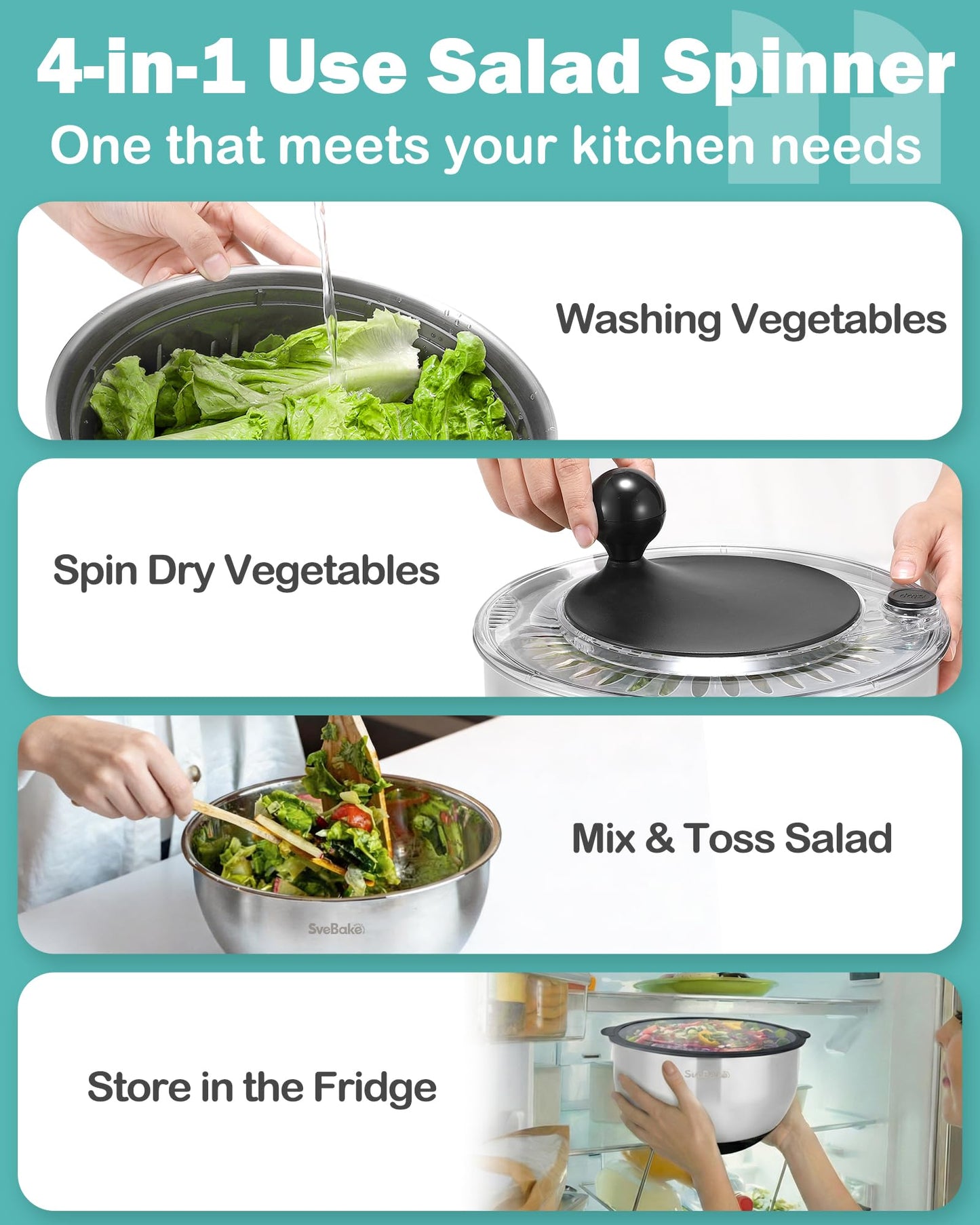 SveBake Stainless Steel Salad Spinner with Storage Lid, 5.3 Qt, BPA-Free, 4-in-1 Multi-Functional Lettuce Spinner, Fruit & Vegetable Washer, Easy Clean, Stop Button, Non-Slip Base