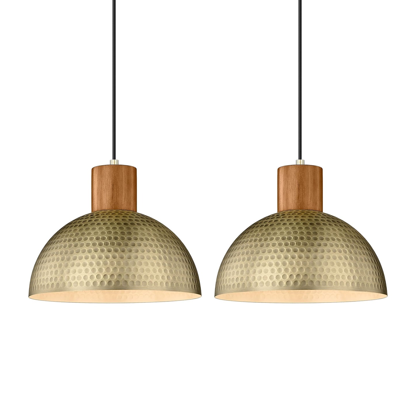 ELYONA 2 Pack Hammered Pendant Lights 12” Vintage Metal & Wood Dome Hanging Lamp Antique Gold Industrial Kitchen Pendant Light Fixtures for Island, Farmhouse, Dining Room, Sink, Hallway, Brushed Brass