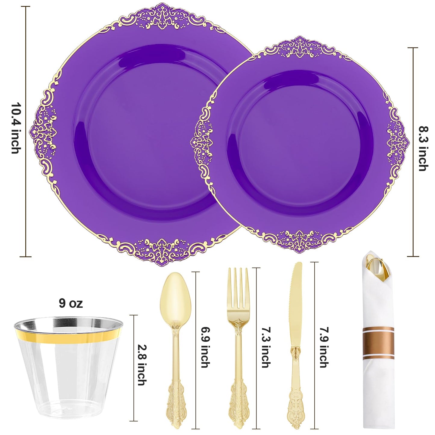 Realluck 350 PCS Purple and Gold Plastic Plates, Plastic Dinnerware Set for 50 Guests, 100 Disposable Plates, 150 Silverwares, 50 Cups, 50 Napkins for Party, Wedding, Graduation
