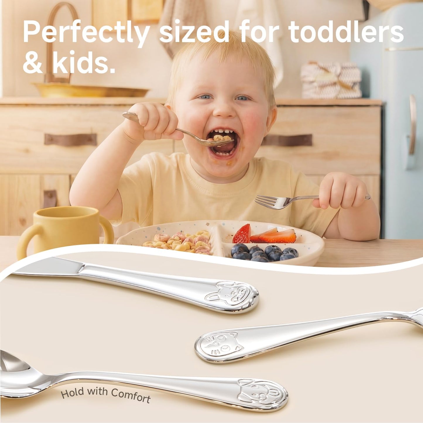KINGSTONE Toddler Utensils Gift Set, 3-Piece Fork, Spoon & Knife, Large Size, 18/10 Stainless Steel, Cat & Dog Print, Ergonomic Kids Flatware for Self-Feeding, Ideal Birthday or Children Shower Gift