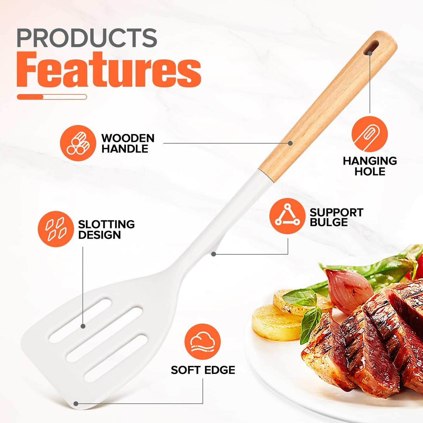 Silicone Cooking Spatula, Heat Resistant Solid Turner, Slotted Spatulas with Wooden Handle,Ideal Wood Kitchen Utensils Set for Frying, Baking, Flipping, Turning,Pack of 2 (White)