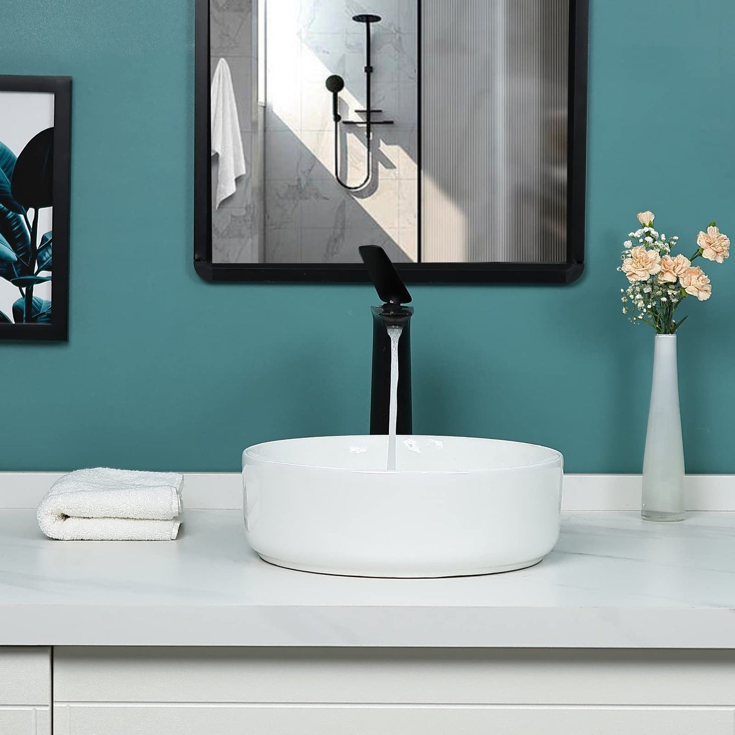 Davivy 14'' Round Vessel Sink with Pop Up Drain,Bathroom Vessel Sinks,Bathroom Sinks Above Counter,Ceramic Vessel Sink,Round Bathroom Sink,Counter top Sink,White Vessel Sink for bathrooms