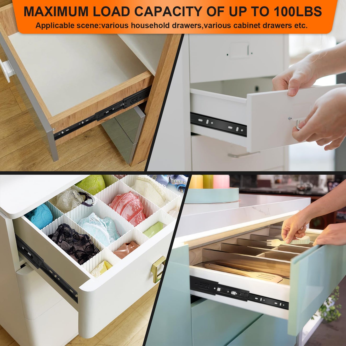 12 inch Drawer Slides 4 Pairs (8pcs) 3 fold Full Extension Side Mount Cabinet Drawer Glides 12" Black Cabinet Rails for Dresser, Cabinet, Kitchen,Trash Can, Wardrobe 100 LB Capacity