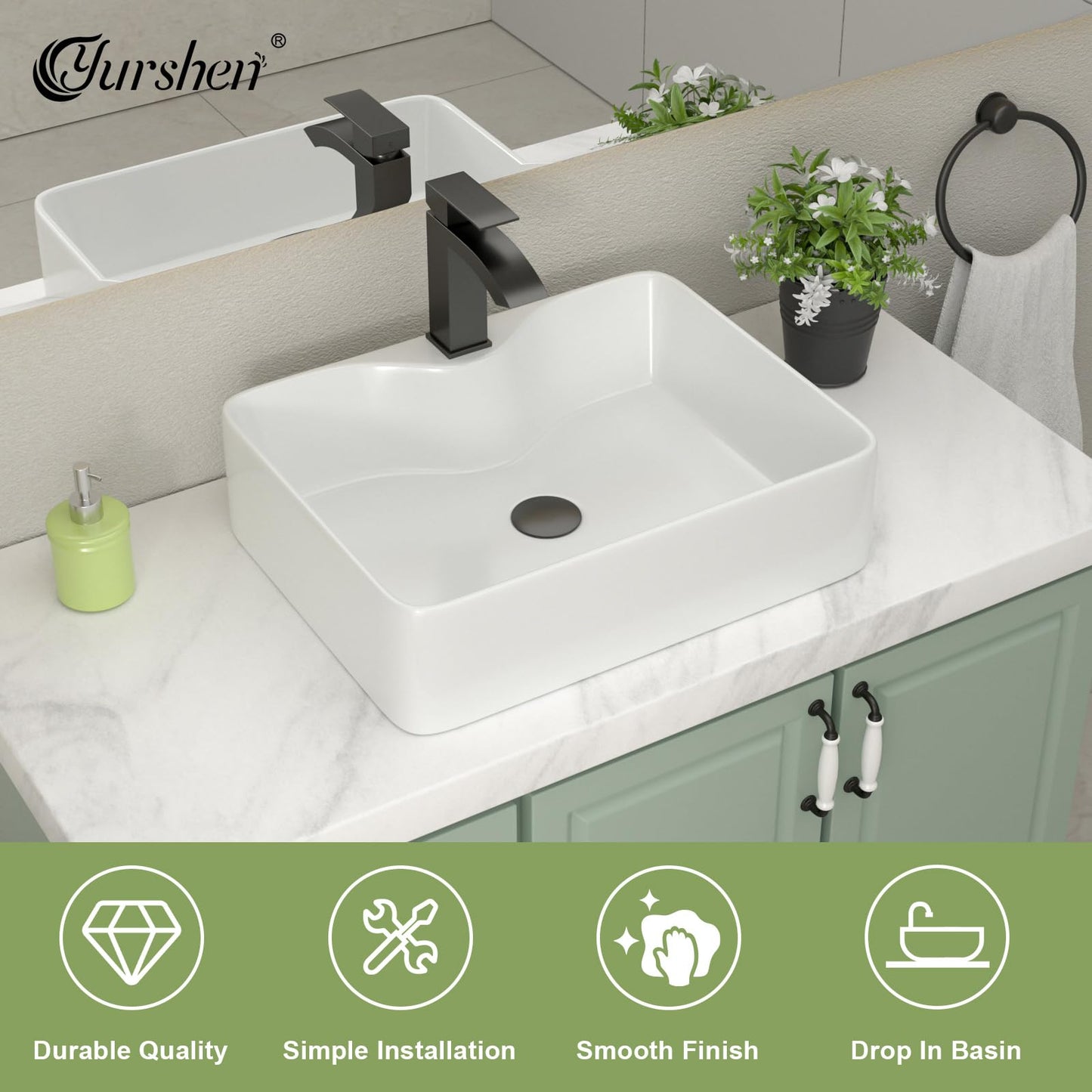 Yurshen 19 Inch Bathroom Sink with Black Faucet- 19"x15" White Ceramic Bathroom Vessel Sink Above Counter Ceramic Sinks Bowl Classic White Glossy Porcelain Sinks