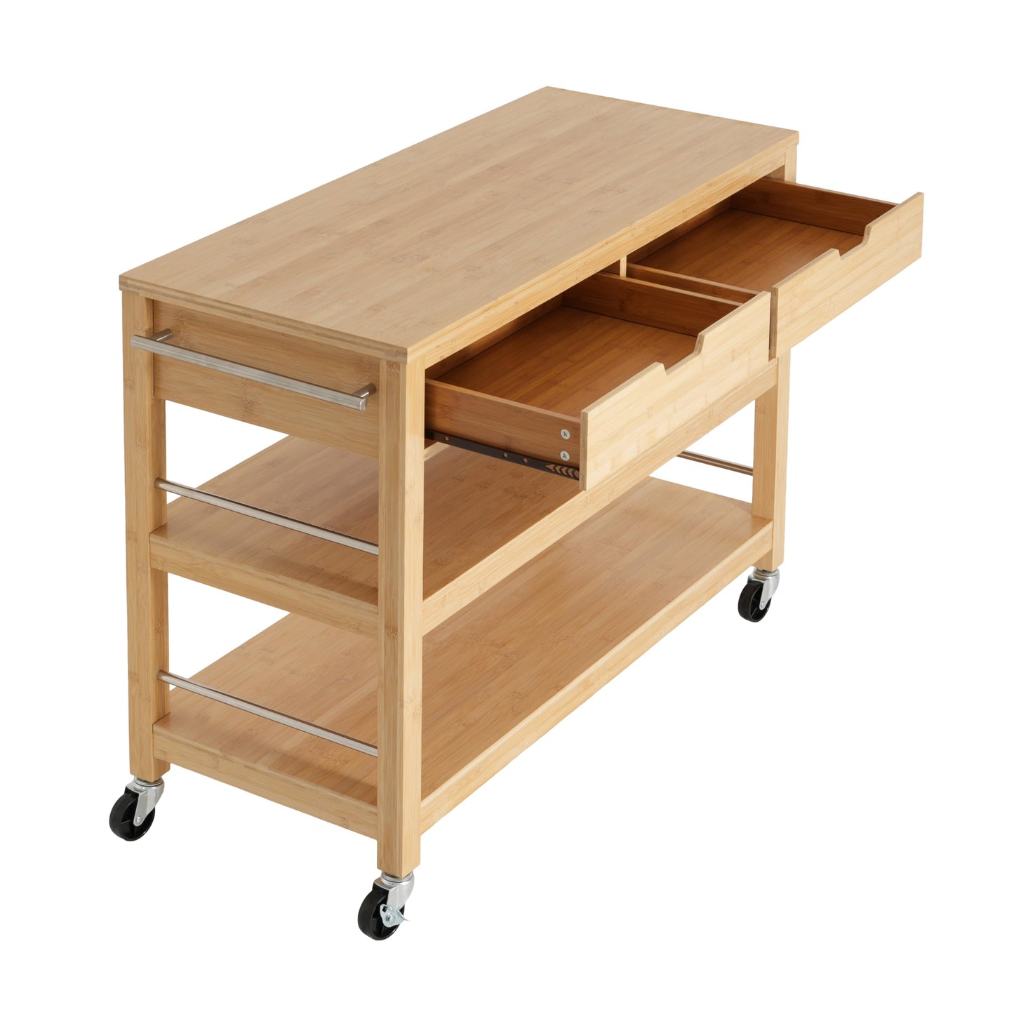 Merax Indoor Multifunctional Natural Bamboo Bar Cart with Locking Wheels, Drawers, and Open Shelves - Ideal for Kitchen, Dining, and Entertaining
