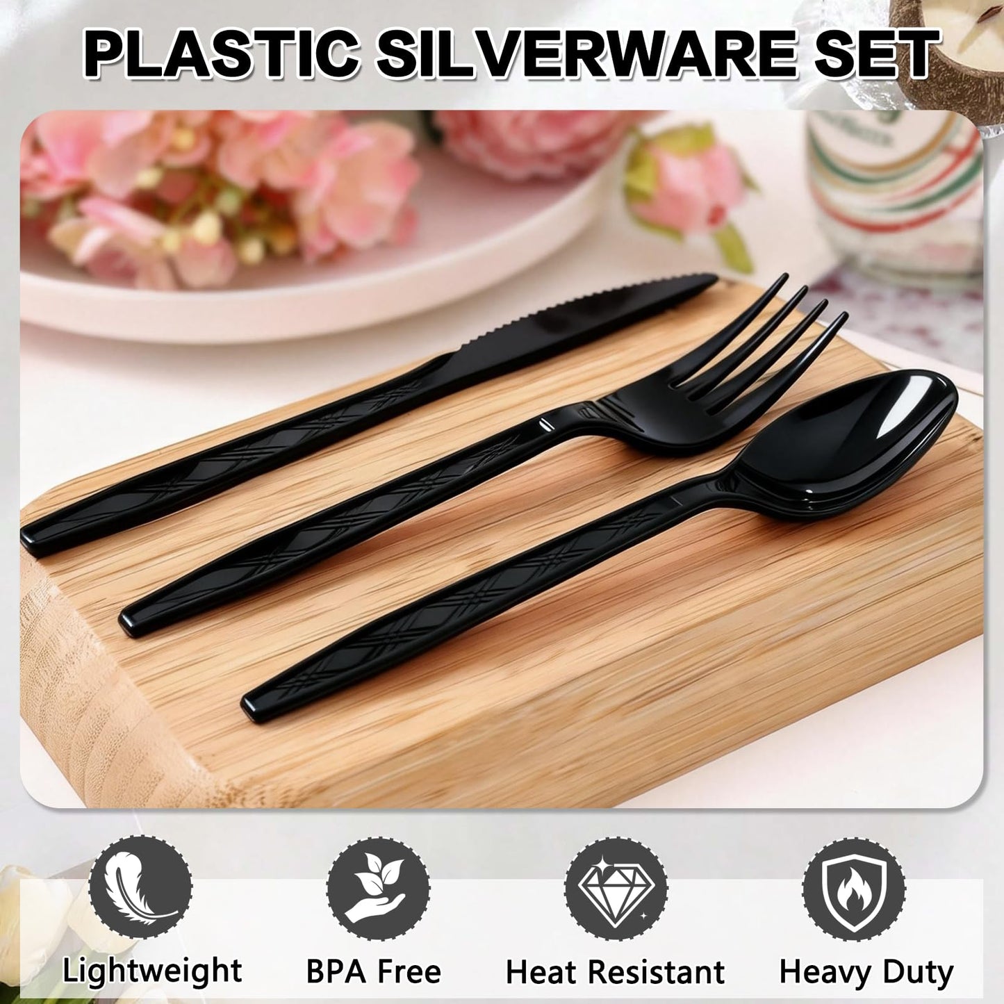 Dualshine 360-Pack Black Plastic Silverware, Disposable Cutlery Set, Plastic Forks and Spoons Knives Utensils Set (120 Each) for Restaurants, Picnics, Catering, Parties, Weddings
