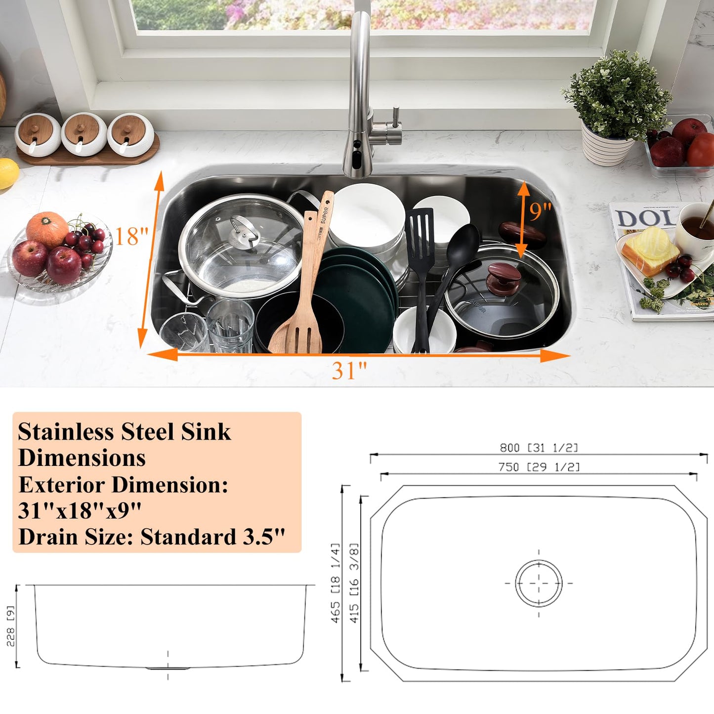 31 Inch Undermount Kitchen Sink Stainless Steel-Bokaiya 31x18 Stainless Steel Kitchen Sink Single Bowl 16 Gauge Large Corner Under Mount Sinks with Dish Grid