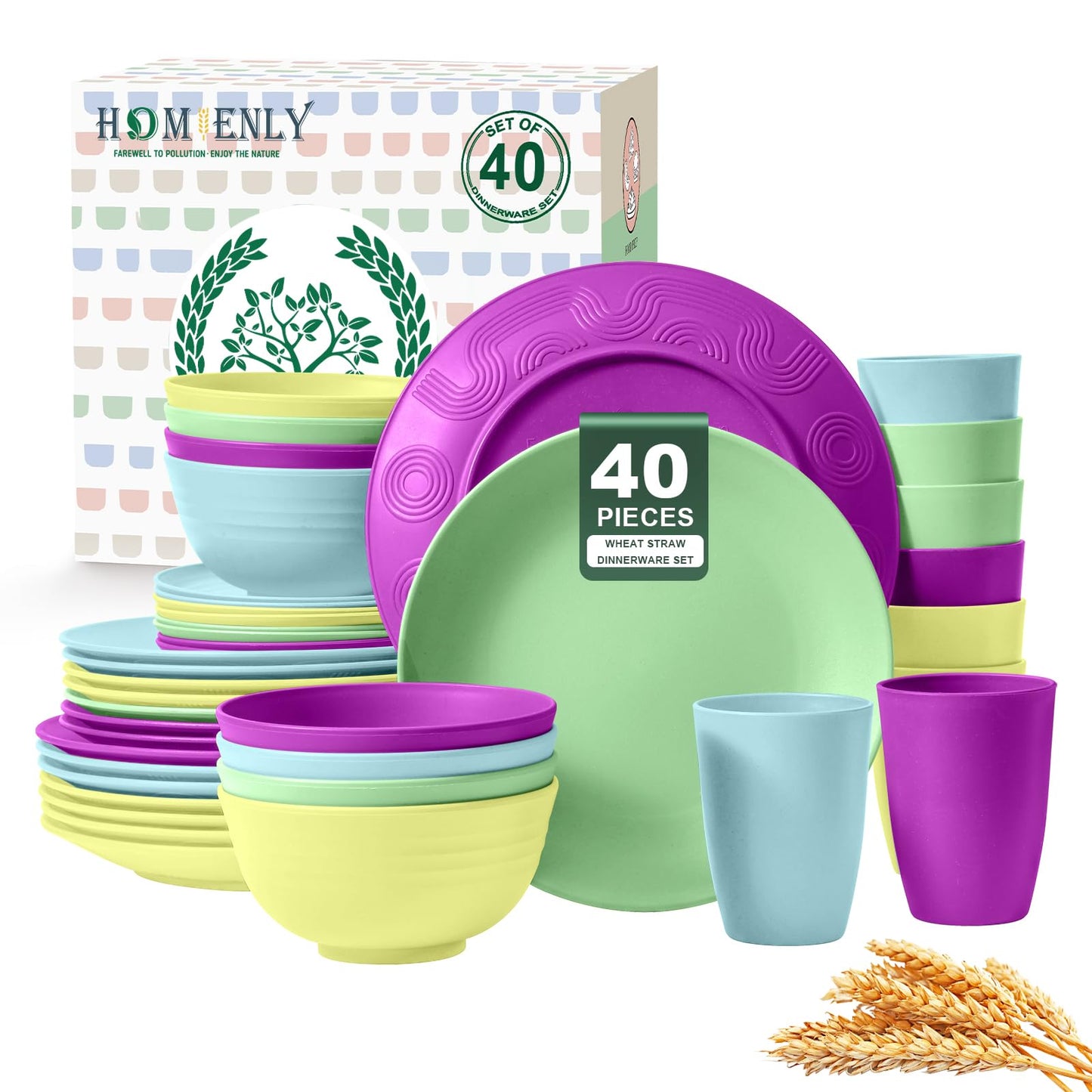 Homienly 40-Piece Kichen Dinnerware Set, Wheat Straw Dinnerware Set, Plates, Bowls, Drinking Cups, Service for 8, Dishwasher & Microwave Safe Dish Set, Unbreakable Plates and Bowls Set - Memphis