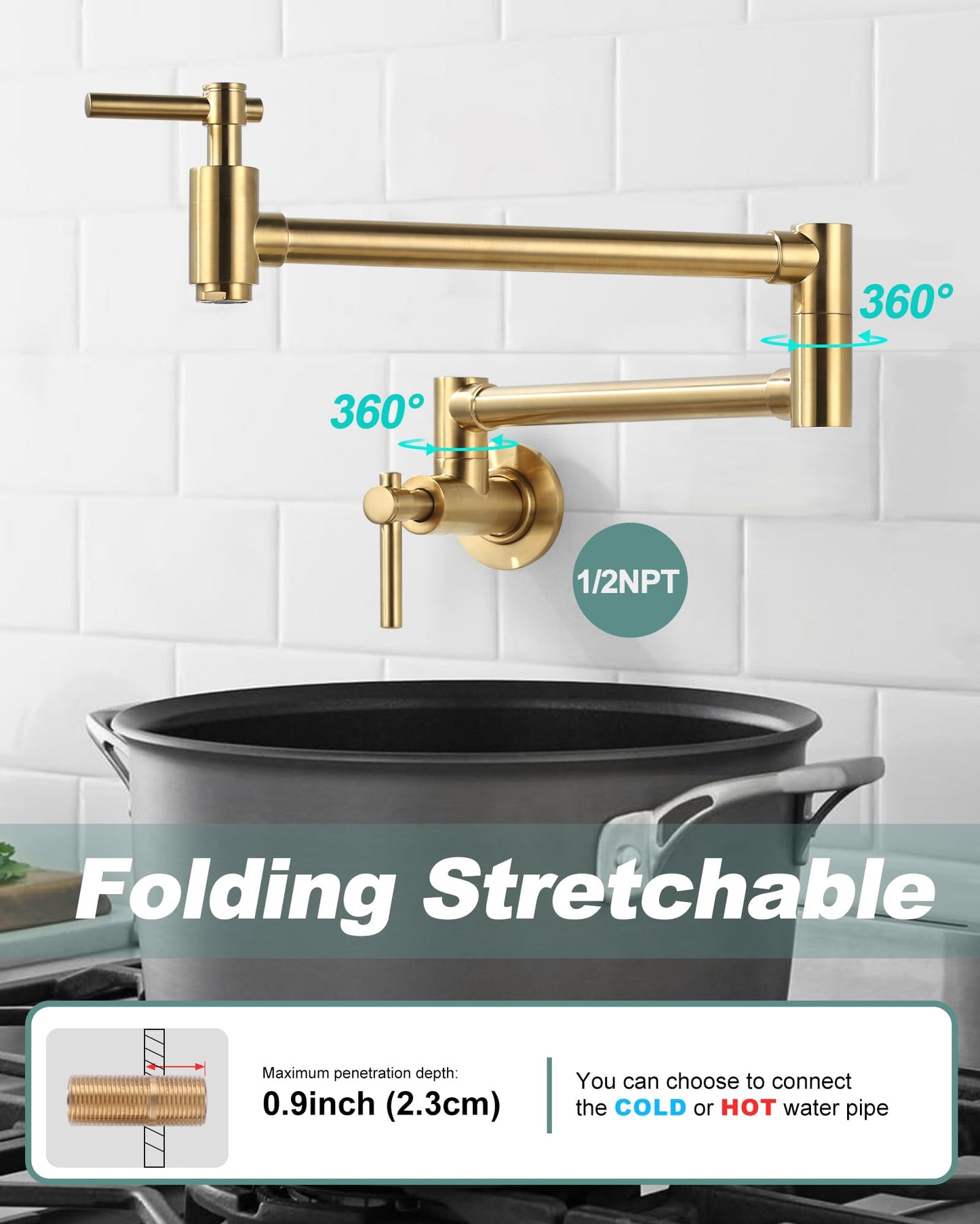 iVIGA Gold Pot Filler Faucet, Wall Mount Copper Folding Faucet 2 Handle with Double Joint Swing Arms, Single Hole Brass Kitchen Faucet Over Stove
