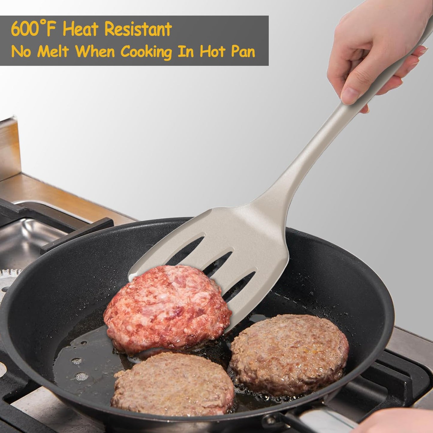 Silicone Spatula Set, 600°F Heat Resistant Silicone Spatula Turner Flipper for Cooking, Non Stick and Non Scratch Kitchen Utensils for Eggs & Pancakes, 4 Pack,Khaki