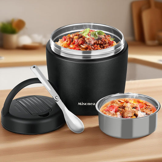 Godobo Thermo for Hot Food 40oz, Vacuum Insulated Food Jar for Adults, Stainless Steel Soup Thermo Wide Mouth Leakproof Lunch Containers with Spoon for School Office (Black)