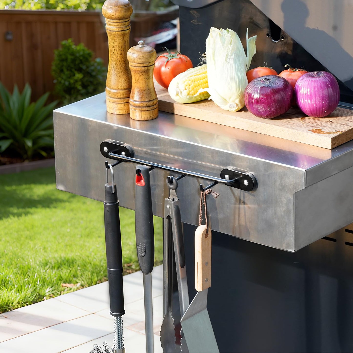 Skyflame Magnetic BBQ Tool Rack - Universal Metal Fridge Organizer Grill Cutlery Holder Towel Hanger - 4 Hooks Storage for Hanging Kitchen Utensils Smoker Tools & Other Accessories, 12" Long