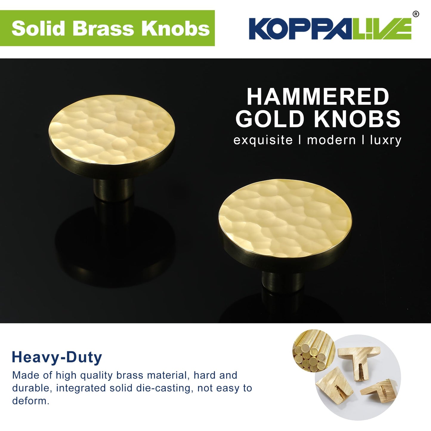 KOPPALIVE 5-Pack Modern Gold Cabinet Knobs, Hammered Solid Brass Drawer Knobs, Round Dresser Drawer Pulls and Handles, Kitchen Cabinet Hardware, Diameter 1-3/16 Inch
