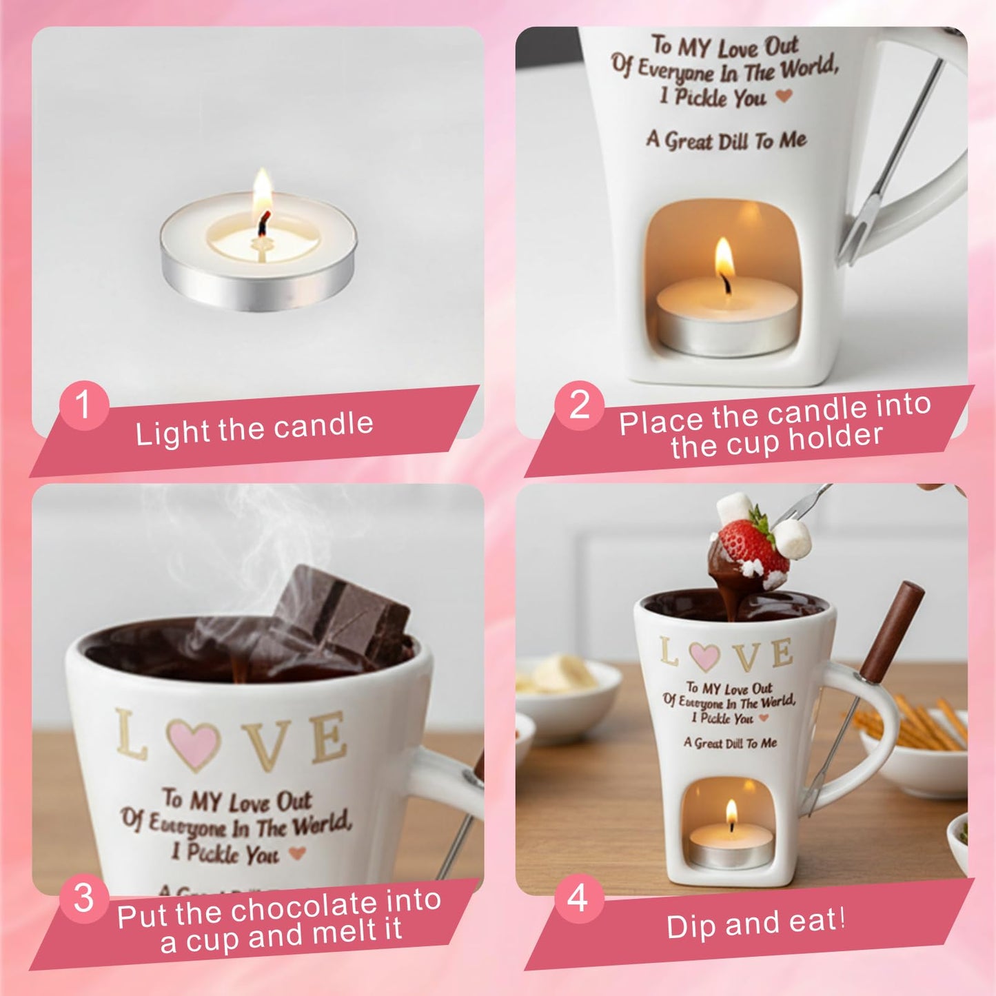 2 PCS Chocolate Fondue Mug with 2 Fork and 4 Candle, Ceramic Chocolate Melting Cup Ideal Couple Gifts Date Night Wedding Gifts