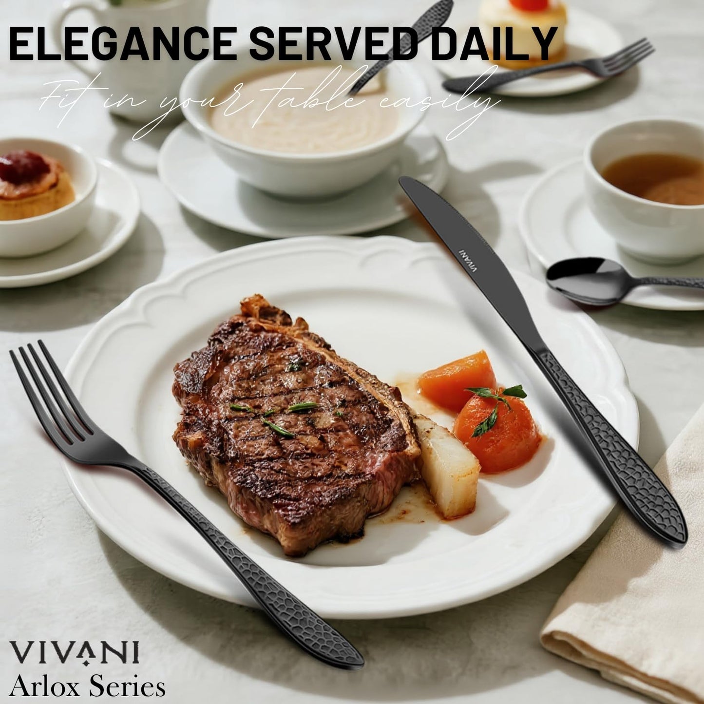 VIVANI 40-Piece Black Silverware Set for 8, Hammered Flatware, 18/0 Stainless Steel Cutlery, Dishwasher Safe Utensil Set for Contemporary Kitchens, Restaurant Style & Everyday Dining