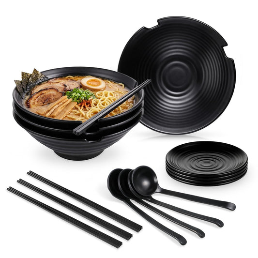 4 Sets Unbreakable Japanese Style Ramen Bowl, 44 oz Large Black Matte Melamine Bowls and Spoons Set with Chopsticks & Saucers, Melamine Large Ramen Bowls Sets for Pho, Thai, Miso, Udon, Asian Food
