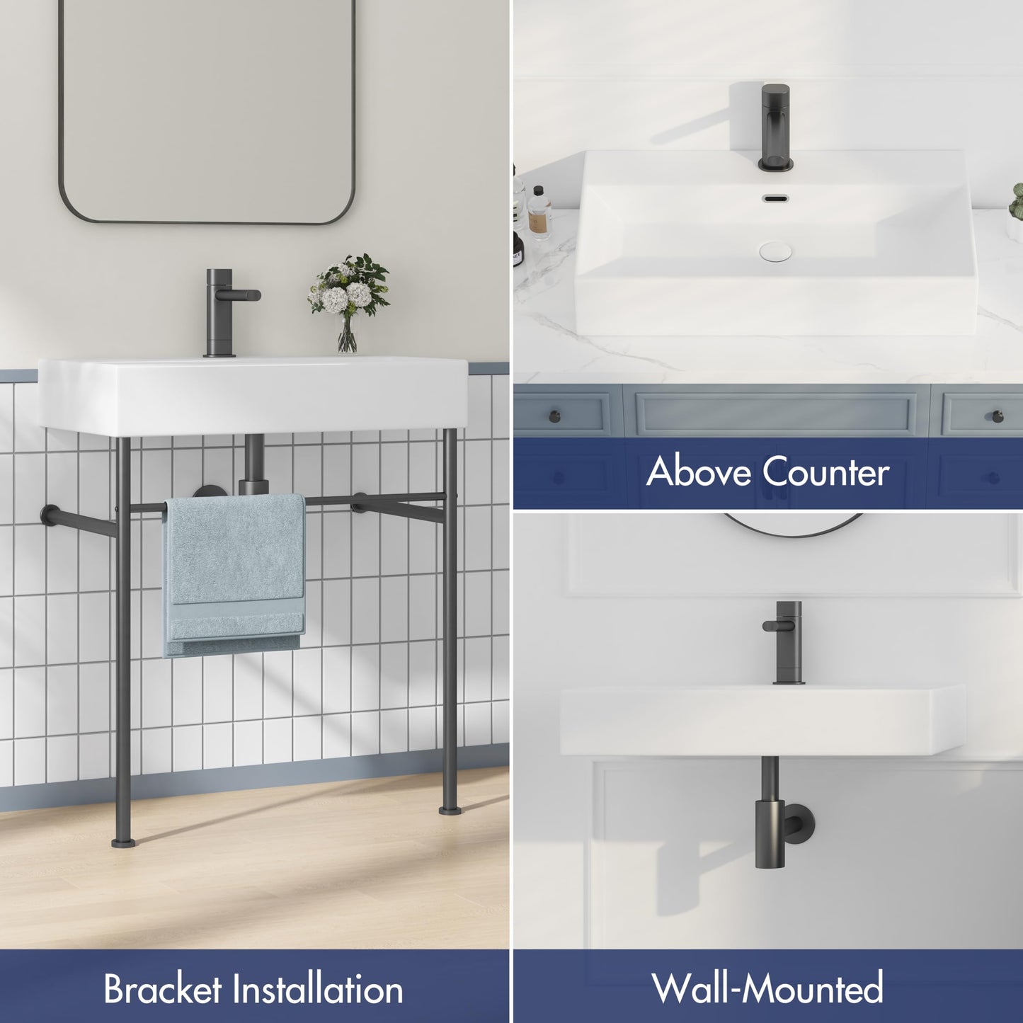 Eridanus 30"x16" Console Bathroom Sink, Free Standing 30 Inch Bracket Stainless Steel Support Pedestal Legs, Wall Mount Vessel Ceramic Vanity Basin, Modern Rectangular Sinks Porcelain, Matte Black