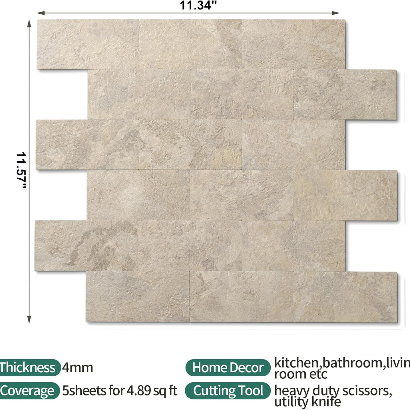 Reovatile 2026 New Upgrade Peel and Stick Backsplash Tile, Peel and Stick 11.34" X 11.57" Wall Tile for Kitchen, Bathroom, Fireplace, Laundry (Beige Ecru, 10 Packs)