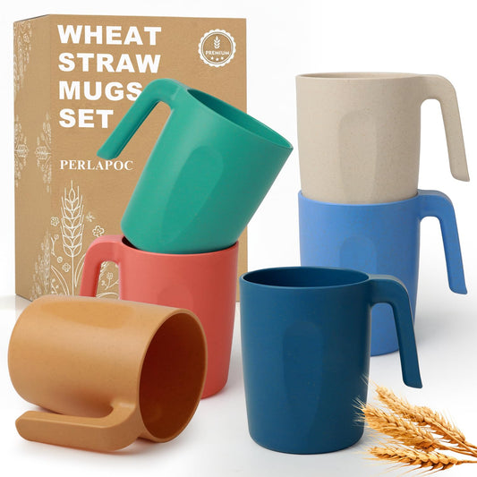 Perlapoc Coffee Mugs Set of 6, Wheat Straw Cups 16 OZ, Unbreakable Coffee Mugs with Handles, Reusable Tea Cup, Microwave Safe & Dishwasher Safe Coffee Tea Cups for Kitchen, Camping, RV, Multi