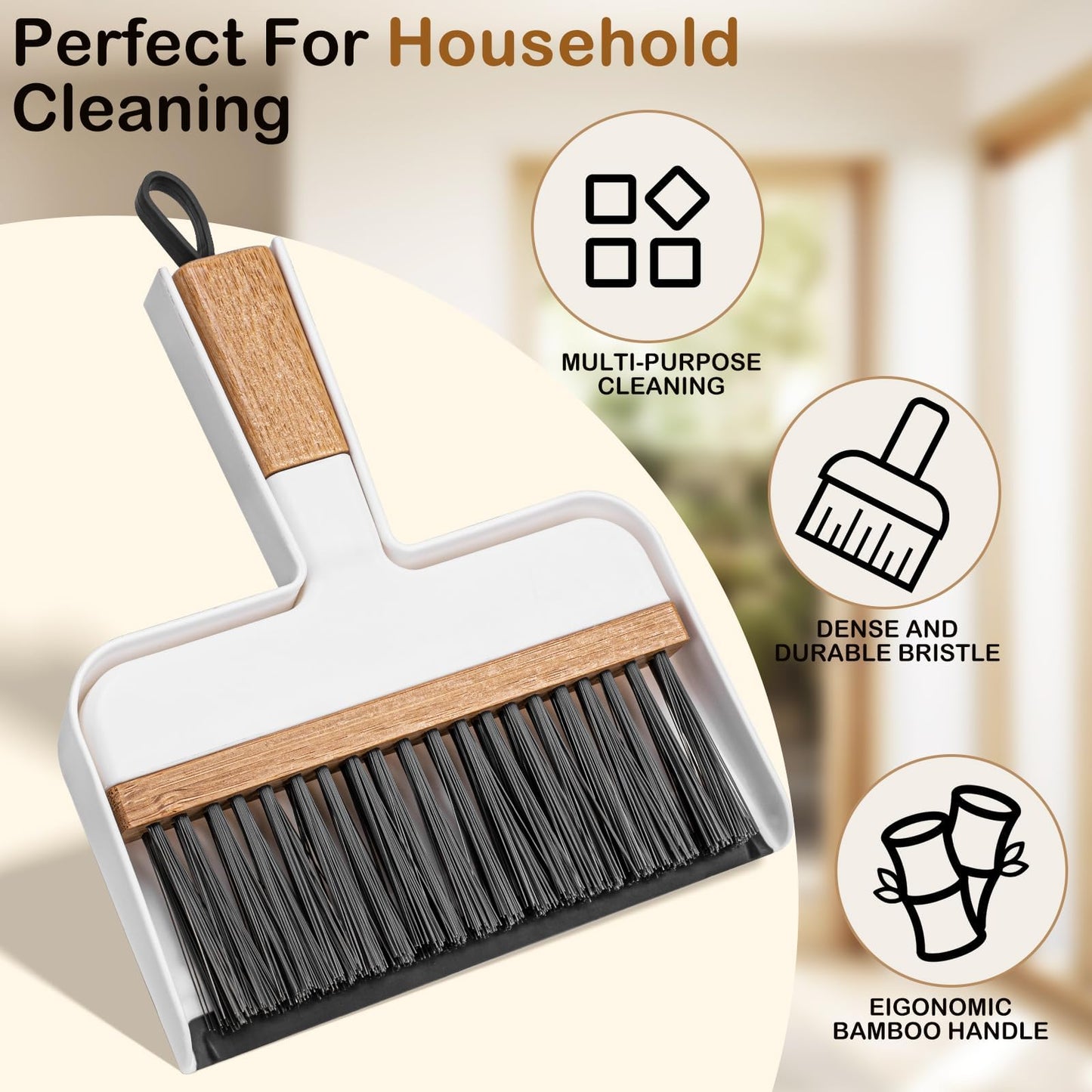 THINKLEARN Mini Dustpan and Brush Set, Portable Broom and Dustpan Combo Set with Bamboo Handle, Handheld Broom Set for Cleaning Desk Drawers Sofas and RV