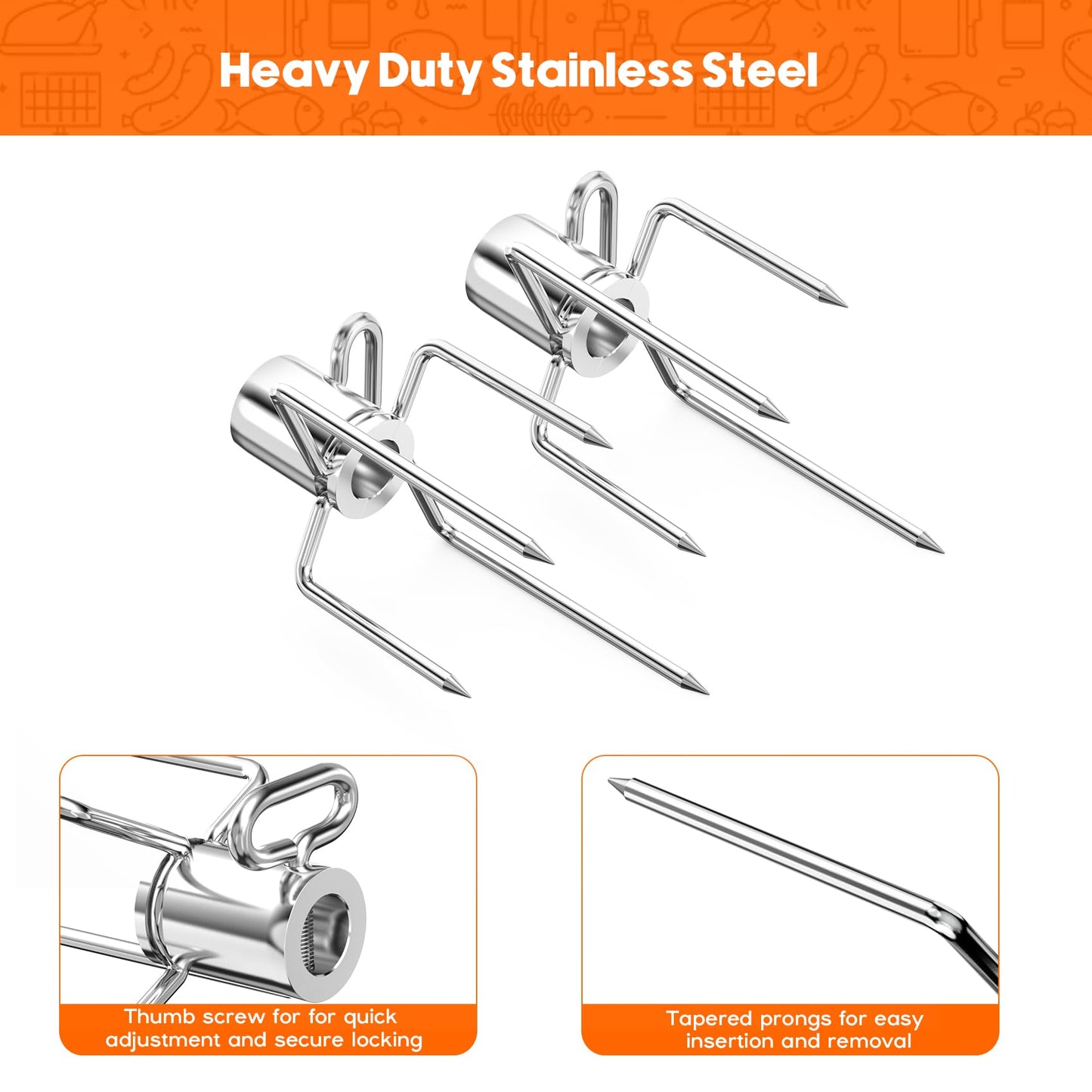 Skyflame Universal 304 Stainless Steel Rotisserie Meat Forks - Fits 1/2-Inch and 3/8-Inch Hexagon & 3/8-Inch and 5/16-Inch Square & 1/2-Inch Round Spit Rods