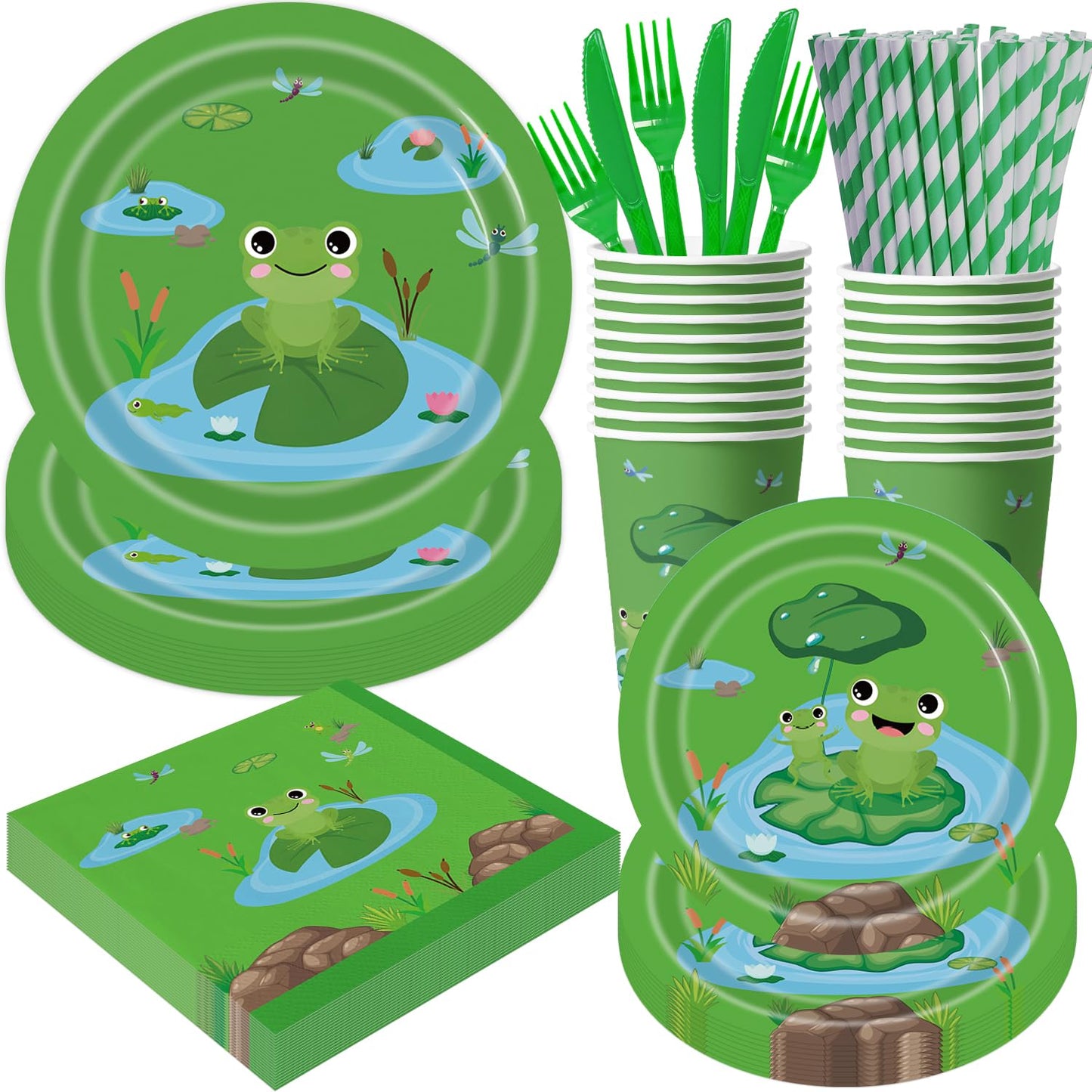 140Pcs Frog Birthday Party Decorations for 20 Guests - Tableware Supplies Frog Party Plates and Napkins Forks Cups Knives Straws for Baby Shower Birthday Party Decorations