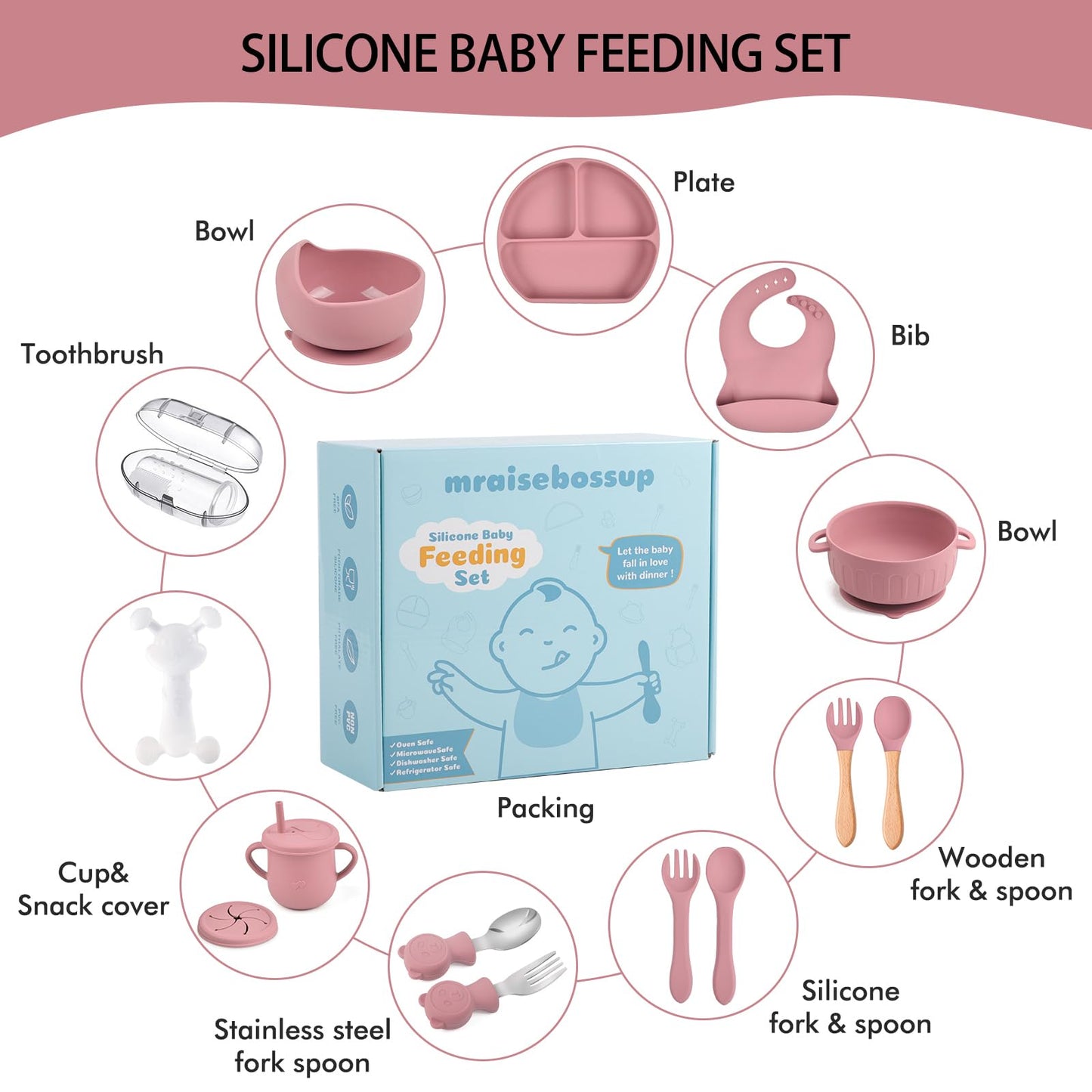Silicone Baby Feeding Set 15 Pcs，Baby Spoons Suction Bowl Divided Plate Bib Cup Finger Brush ，Baby Led Weaning Supplies,Baby & Toddler Silicone Plates and Bowls Dining Set（pink）