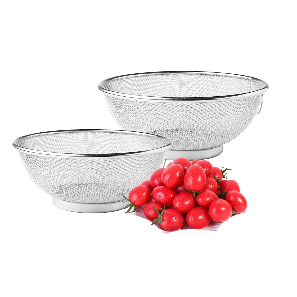 2 Pack Stainless Steel Mesh Colander Kitchen Fine Mesh Strainer Bowl Straining Screen Basket Drainer Rice Washing Bowl Colander Sieve Sifters for Rice, Pasta, Noodles, Vegetables, Fruits