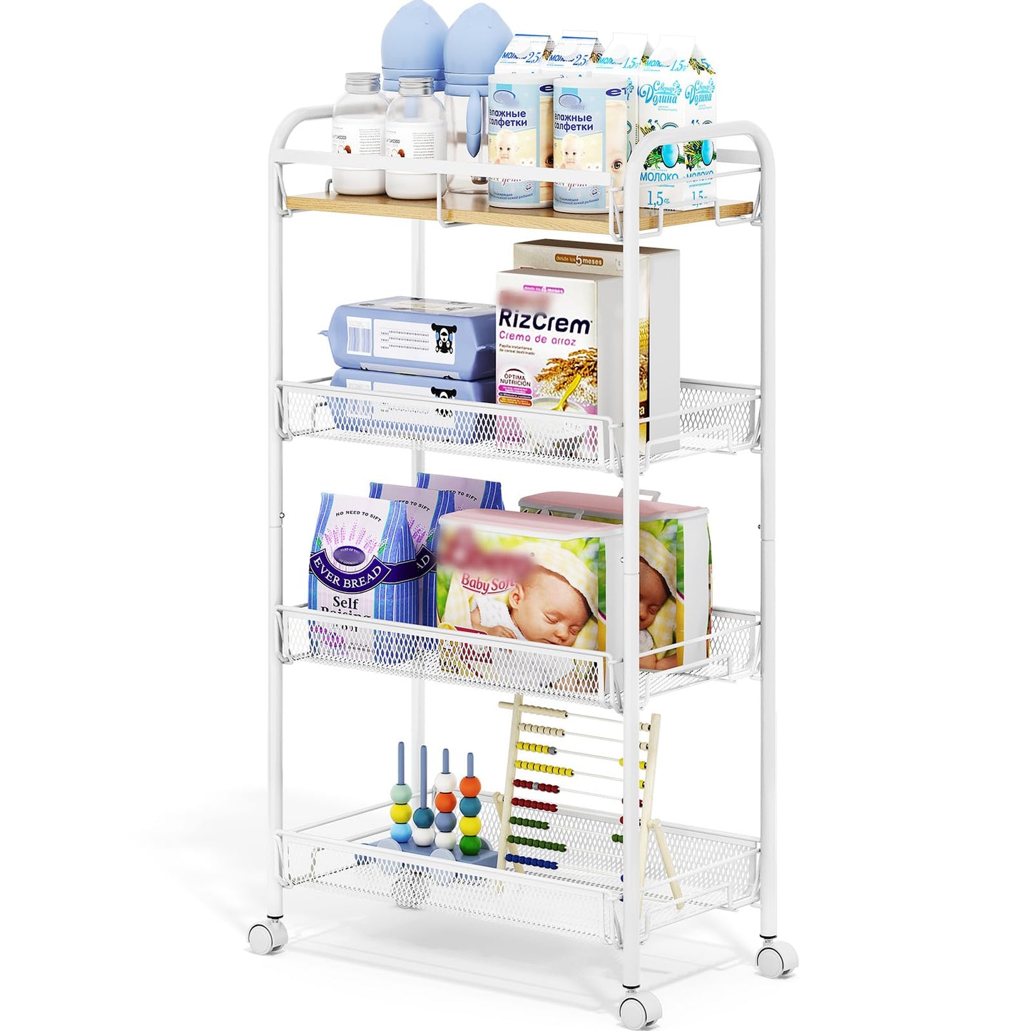TOOLF 4-Tier Rolling Cart, Metal Utility Cart, Slide Out Storage Cart with Wooden Tabletop and Mesh Baskets, Easy Assemble Trolley for Kitchen Bathroom Laundry Room Bedroom Apartments Dormitory