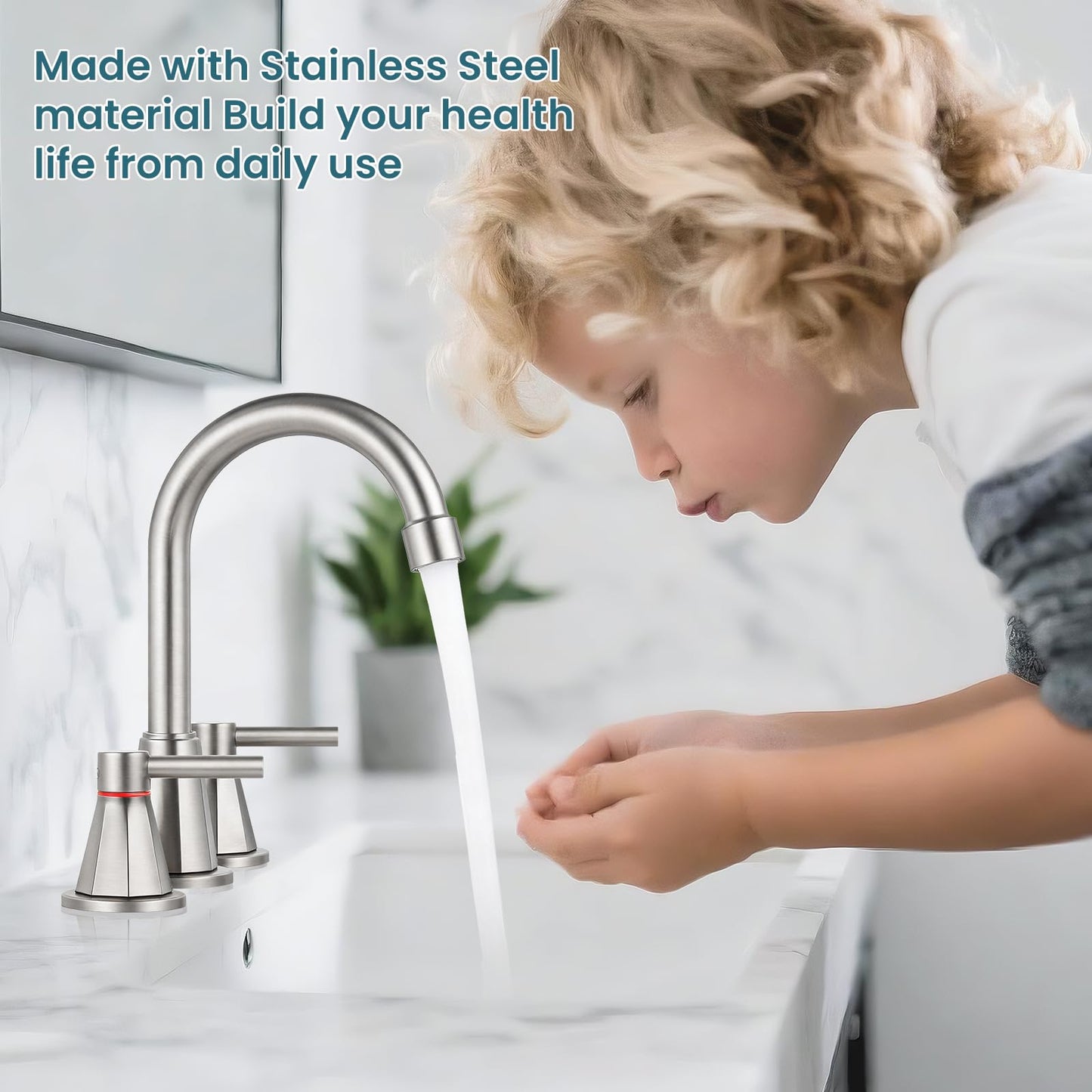 LUFG Bathroom Faucet 3 Hole, Brushed Nickel Bathroom Sink Faucet with 360°Swivel Spout, 8 inch Widespread 2 Handle Faucet for Bathroom Sink Vanity RV with Pop-up Drain Supply Line Stainless Steel