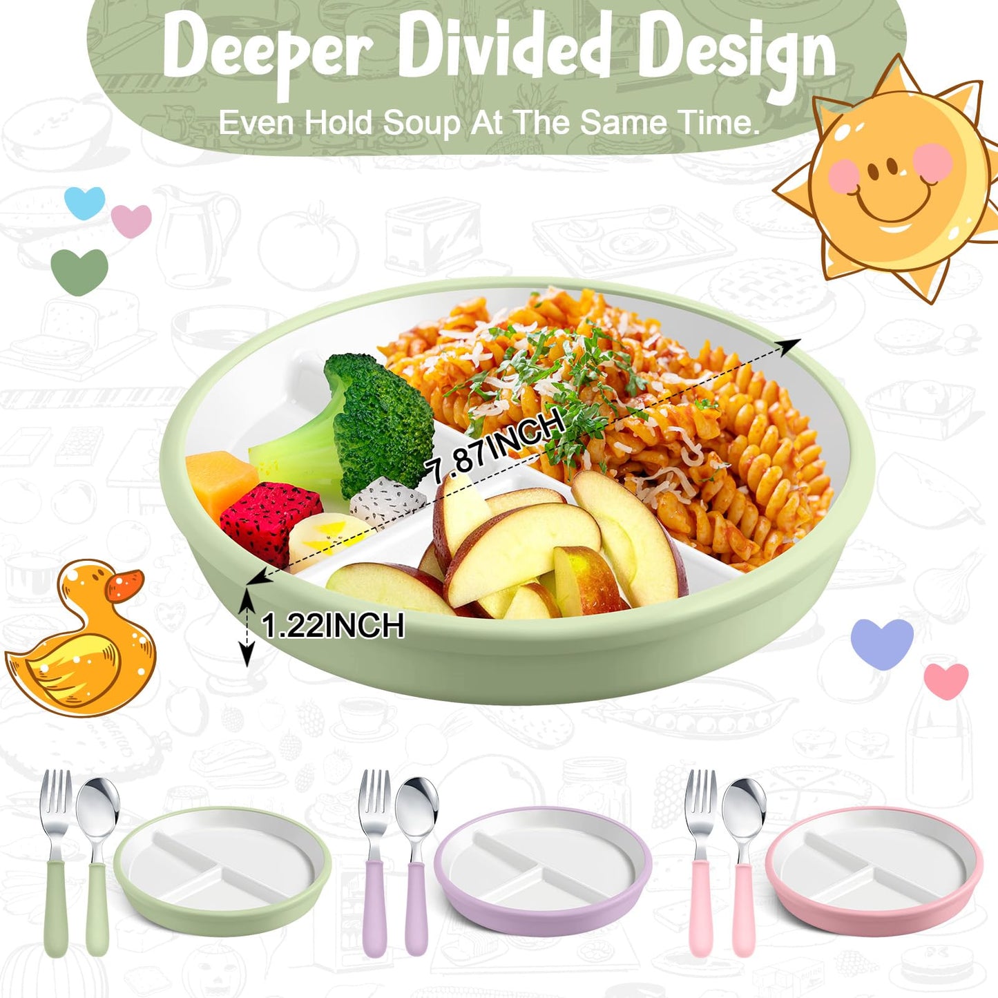 Teenyyou 3 Pack 8" Large Porcelain Toddler Plates Feeding Set, Ceramic Kids Suction Plates with Anti Slip Silicone Sleeve for Baby 3 Spoons and Forks Divided Kids (Green,Pink,Purple)