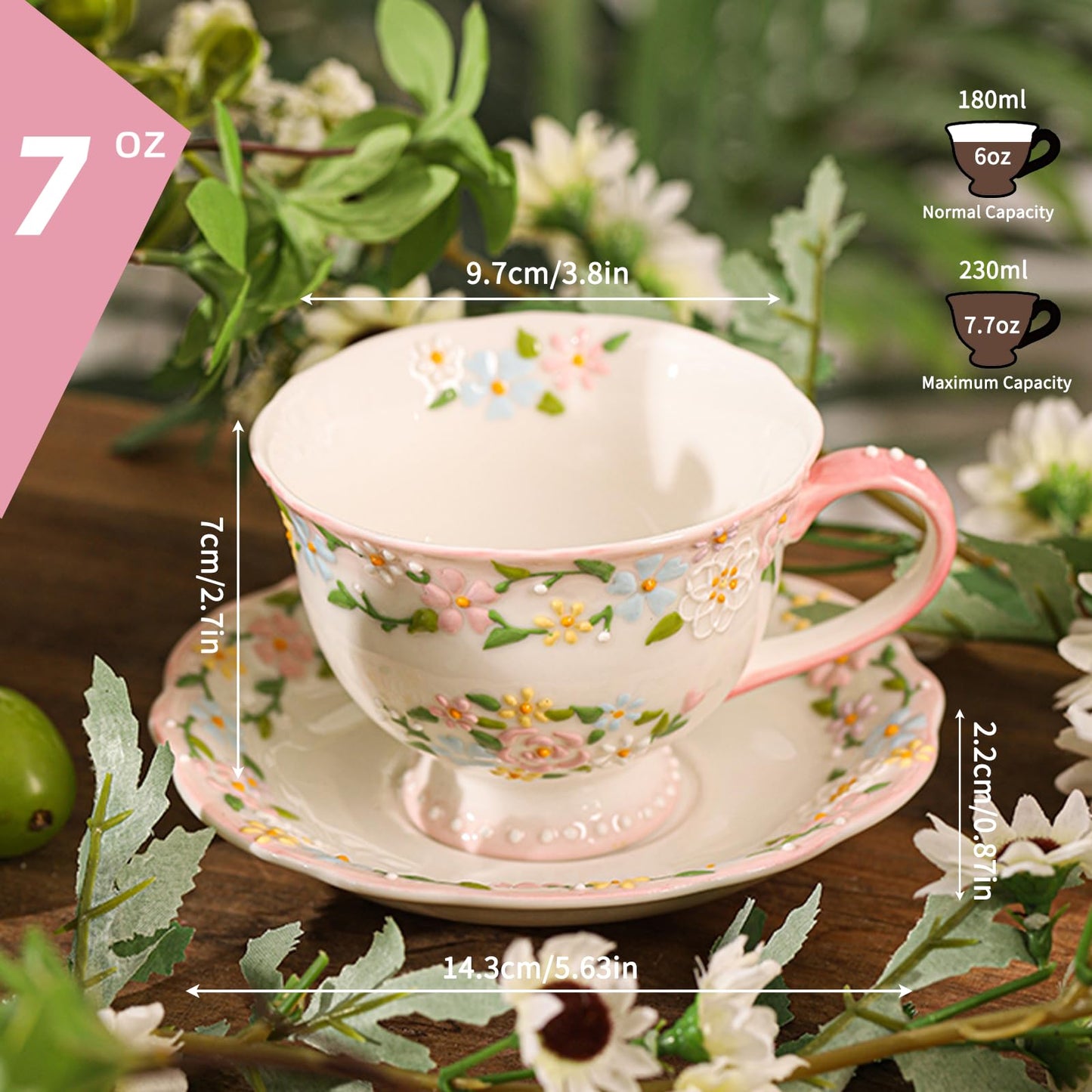 ZLUDIO Handmade Ceramic Cup and Saucer Set, 7 Oz Flower Bone China Cappuccino & Tea & Latte Coffee Cup For Women Tea Party & Christmas & Mother's Day(1 Set, Pink)