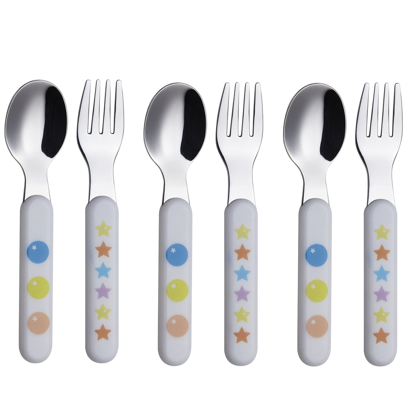 EXZACT Kids Flatware 6pcs Stainless Steel 18/10 Toddler Utensils Flatware- 3 x Forks, 3 x Spoons- BPA Free, Dishwasher Safe - 12 M+ - Stars & Dots