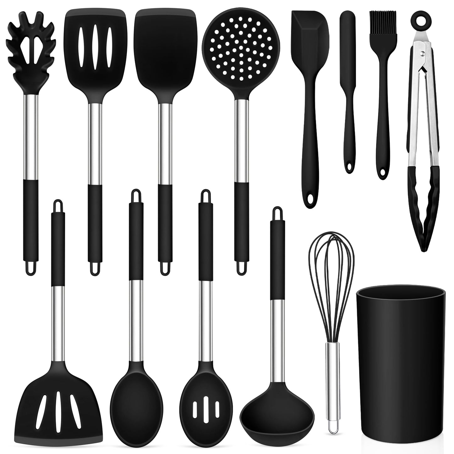 TeamFar Kitchen Utensil Set of 14, Silicone Cooking Utensil Set with Stainless Steel Handle, for Frying Serving Flipping Draining, Non-toxic & Heatproof, Nonstick & Dishwasher Safe - Black