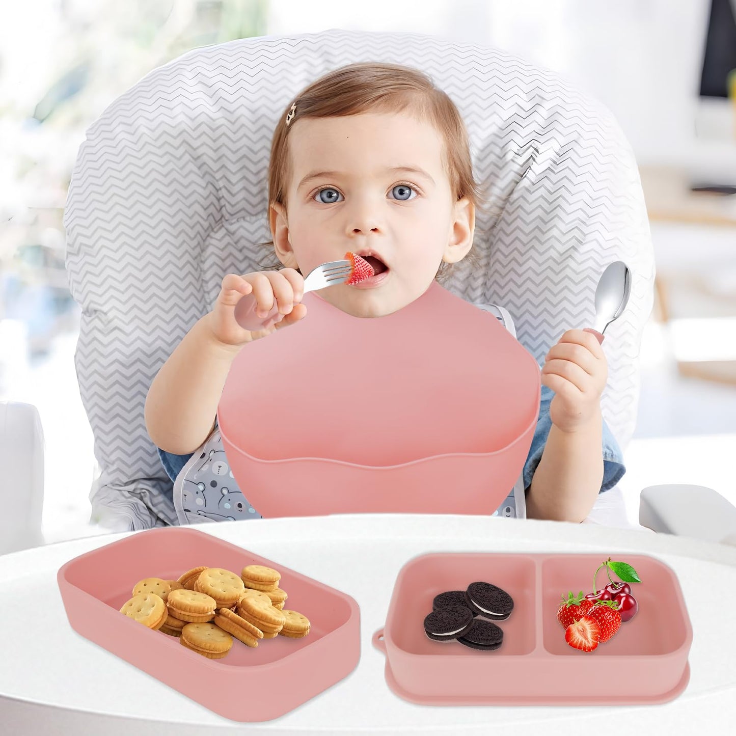 Travel Silicone Baby Feeding Set with 316 Stainless Steel Spoon & Fork ,Silicone Suction Plates, Foldable Bib, Storage Bag - Portable Infant Toddler Utensils, 6-Piece BPA-Free Dishware Kit（pink）