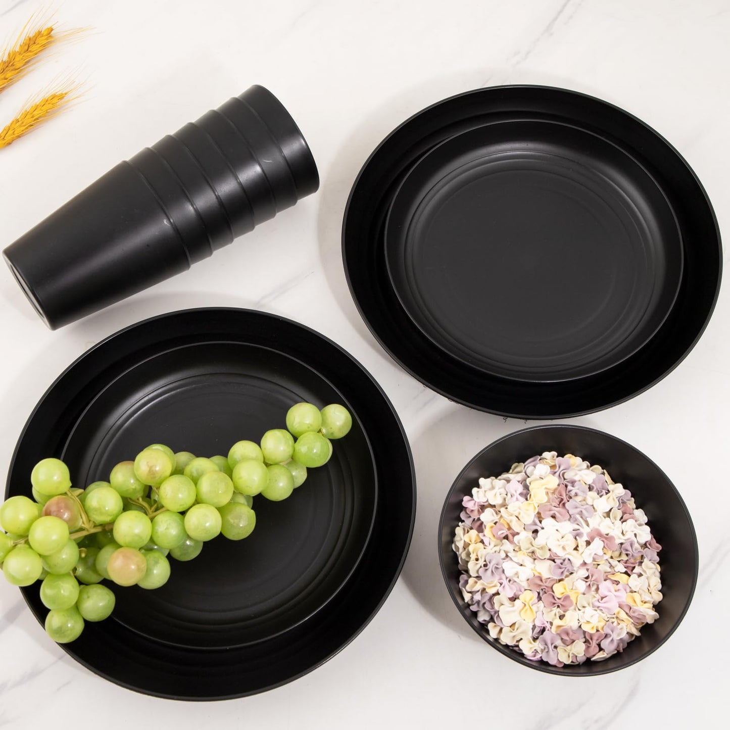 LIYH 48 Pcs Black Wheat Straw Plates and Bowls Dinnerware Set for 12, Camping Dish Set, Dishwasher Safe, Unbreakable Plastic Camper Dishes