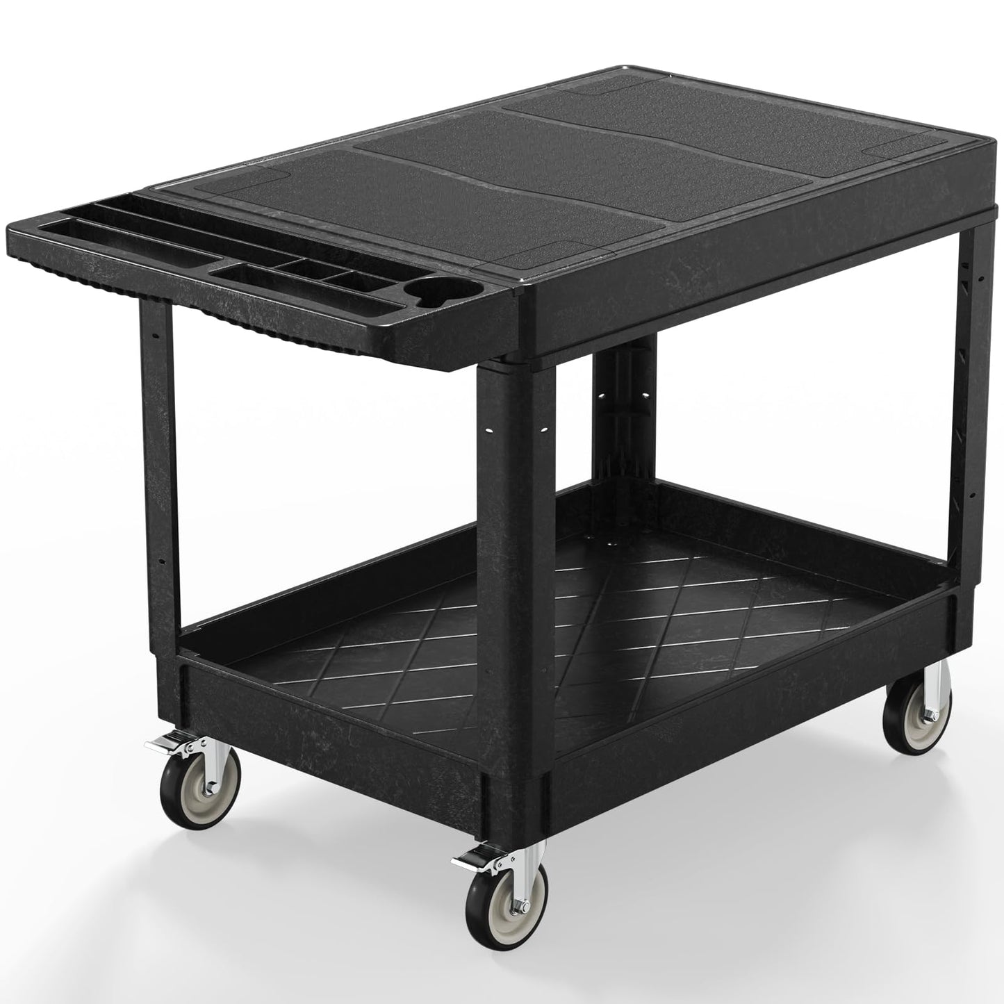 Wanmwill Utility Cart on Wheels, Heavy Duty Large Flat Top Rolling Service Cart, 46 x 25 Inch Work Carts, 2 Shelf 1000 lbs Capacity Plastic Tool Cart, for Warehouse, Garage, Cleaning, Black