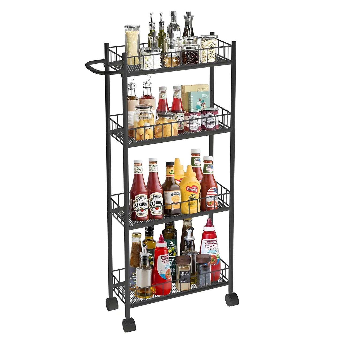 Utility Slim Storage Cart, 4-Tier Storage Cart, Narrow Cart with Handle, 7.1 Inches Deep, Metal Frame, for Kitchen, Dining Room, Living Room, Home Office, Rustic Brown and Classic (4 Tier Black)
