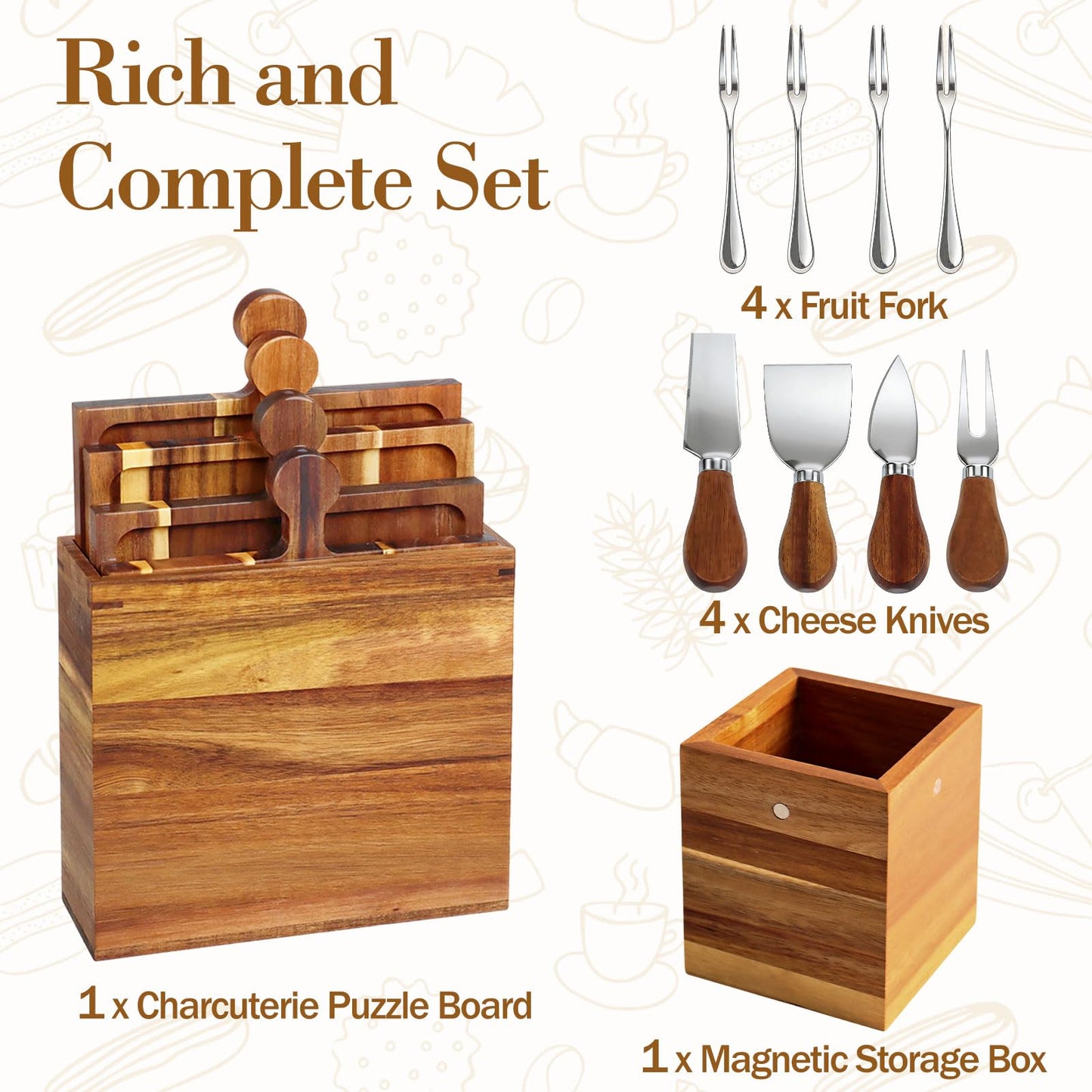 Wooden Charcuterie Boards Set of 4, Cheese Board Platter, Charcuterie Tray Serving Platter, Acacia Wood Serving Board Appetizer Tray with Mag Storage Holder, for Hosting Entertaining Party Birthday