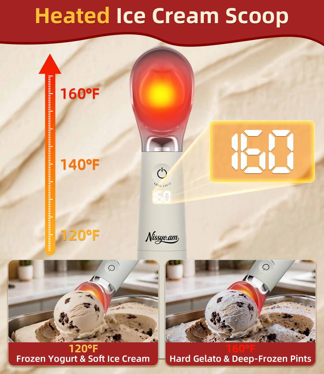 NISSYO.AM Heated Ice Cream Scoop Rechargeable, Electric Ice Cream Scooper with Removable Battery &Drip-Proof Stand, OneTouch 3 Fast Heating Levels for Hard Ice Cream, IP68 Waterproof,Best Gift for Mom