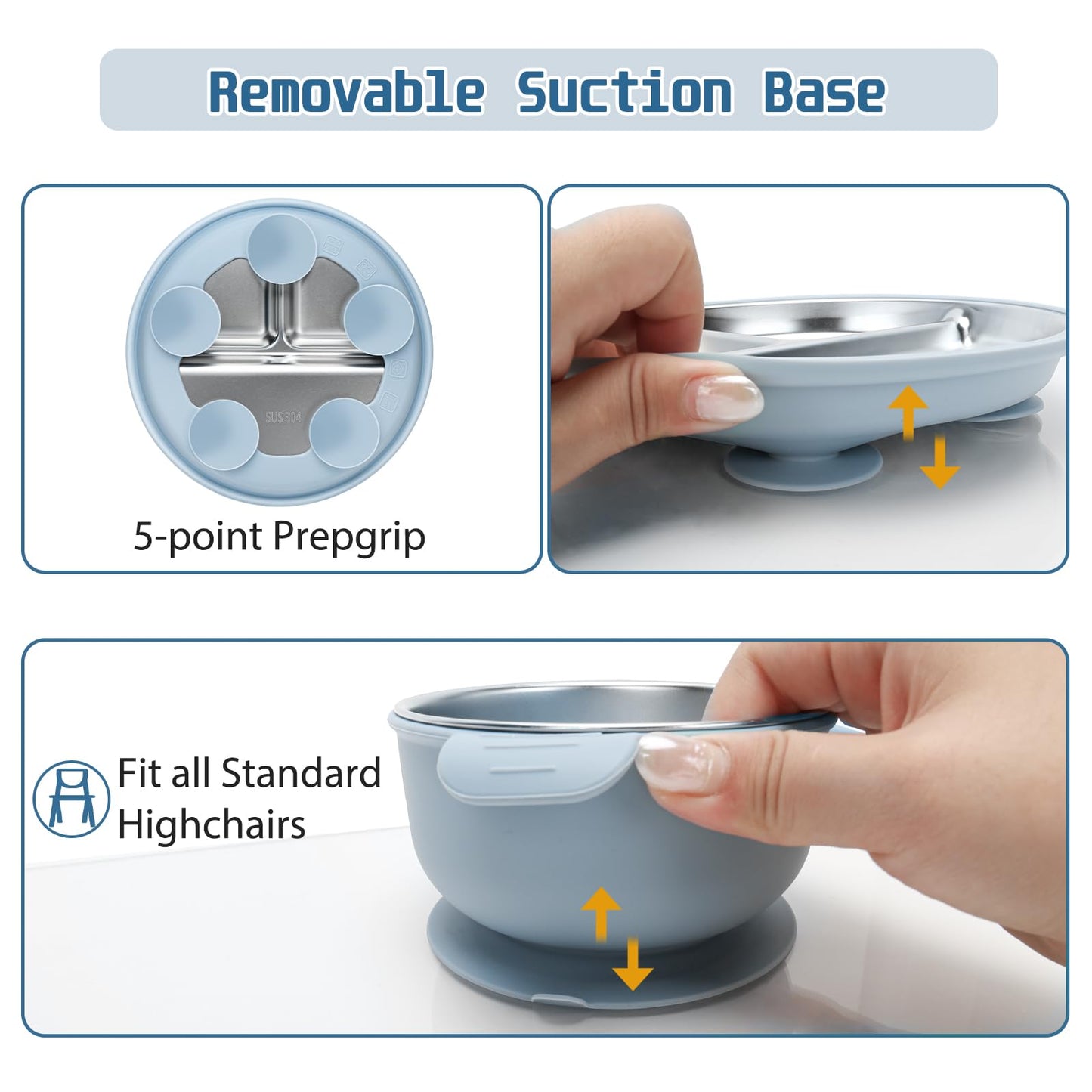 MISSLILI Stainless Steel Kids Plates and Bowls Set with Suction, Divided Baby Plate and Toddler Bowl with Removable Silicone Suction,Stainless Steel Weaning Bundle, Silicone Baby Feeding Set (Blue)