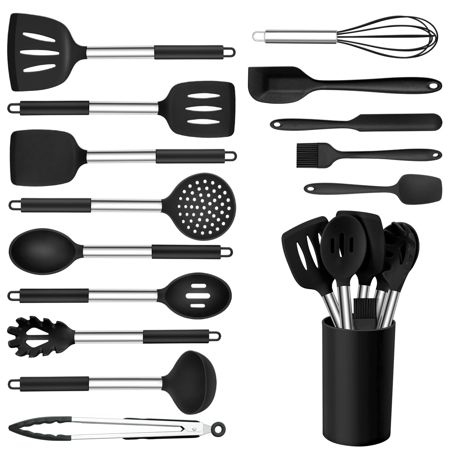 Onader Kitchen Utensils Set, 15 Pcs Silicone Cooking Utensils Set with Holder and Heat Resistant Stainless Steel Handle for Nonstick Cookware - Black
