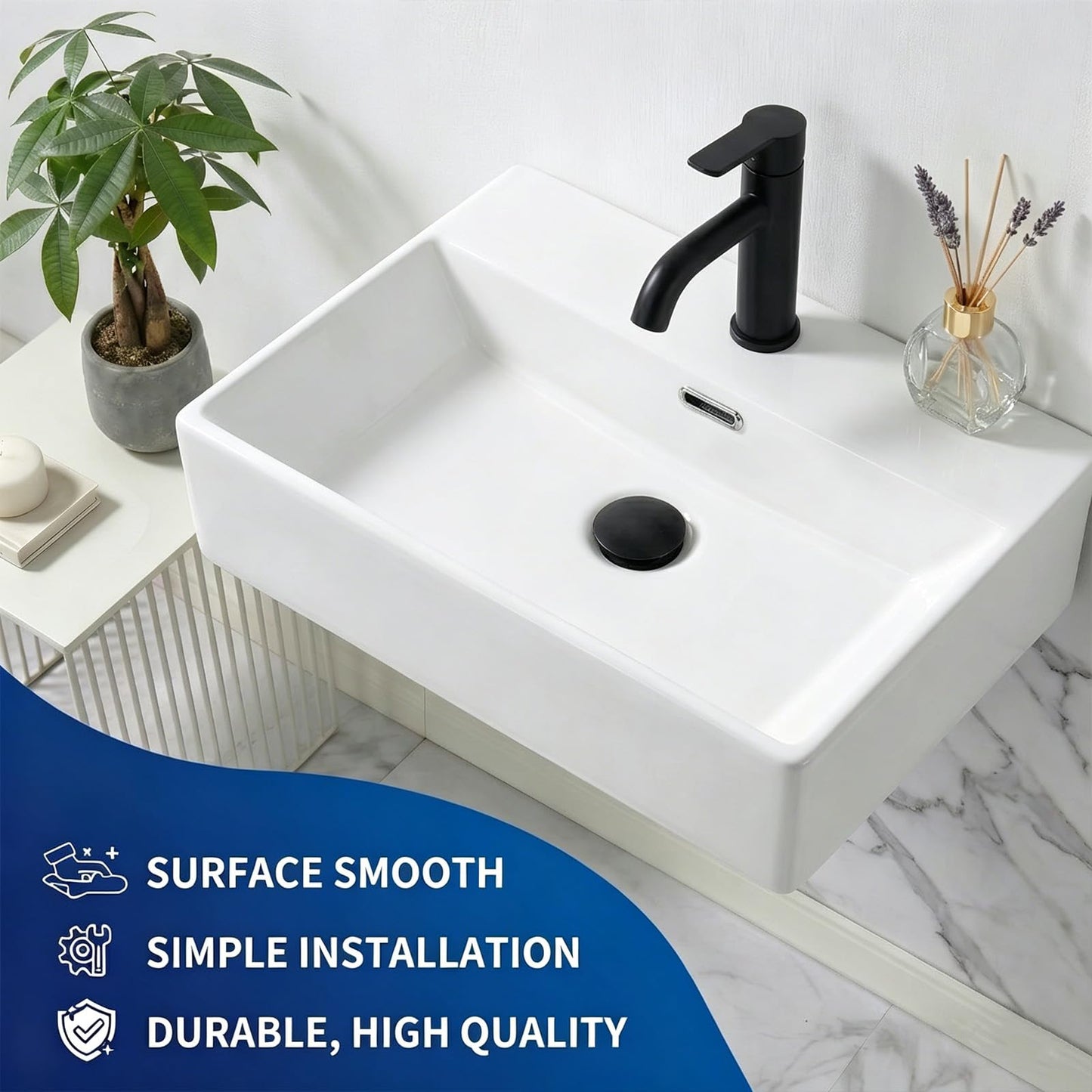 20 x 14 Inch Wall Mounted Bathroom Sink, NOHALIPY Modern White Rectangular Porcelain Floating Vessel Sink with Overflow, Corner Mount Ceramic Bathroom Sink for RV, Restroom and Toilet, Easy to Install