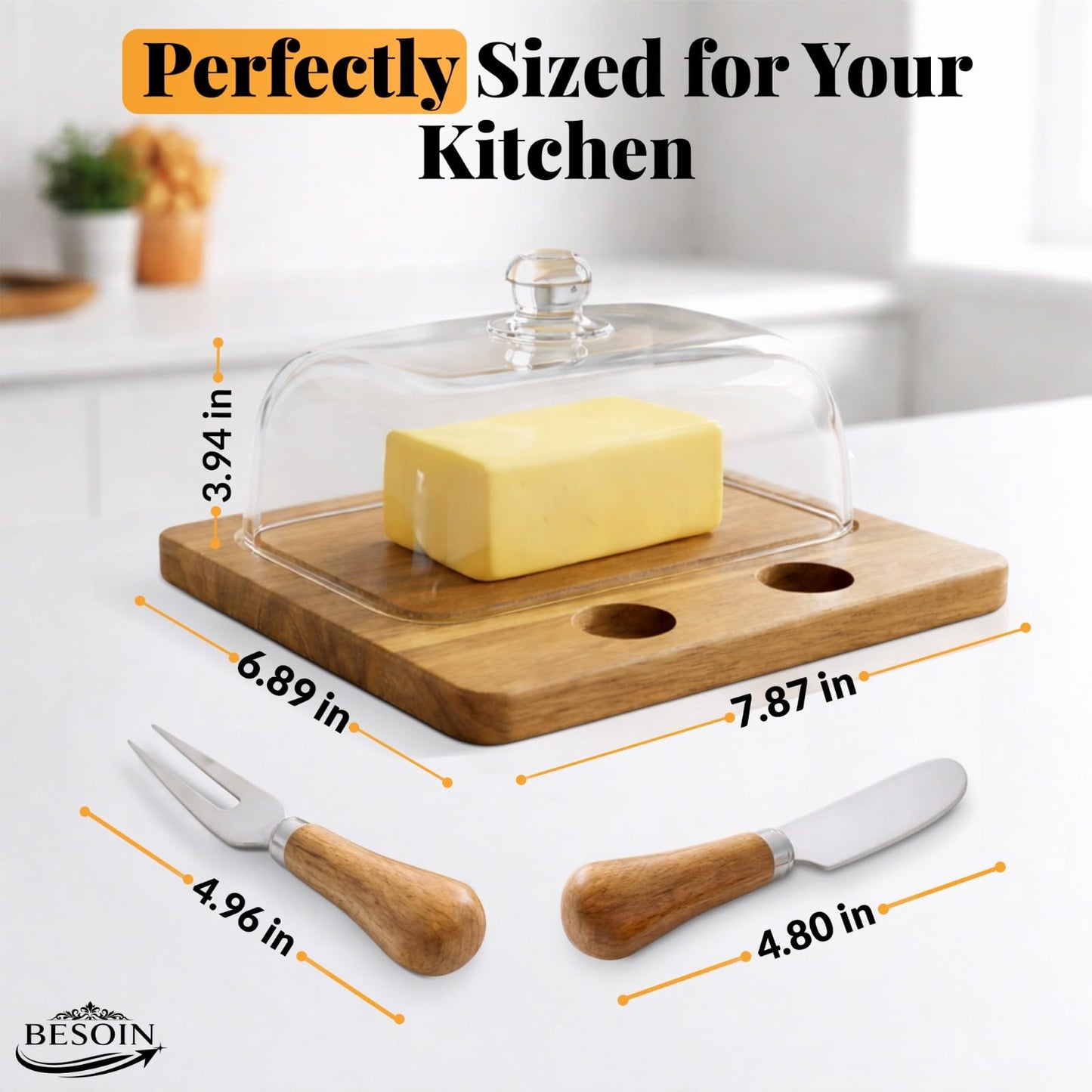 Butter Dish with Lid and Knife Set - Elegant Glass Butter Dish for Countertop – Wooden Base Butter Holder - Large Butter Dish with Lid for 8oz Sticks, Cheese, & Fruit