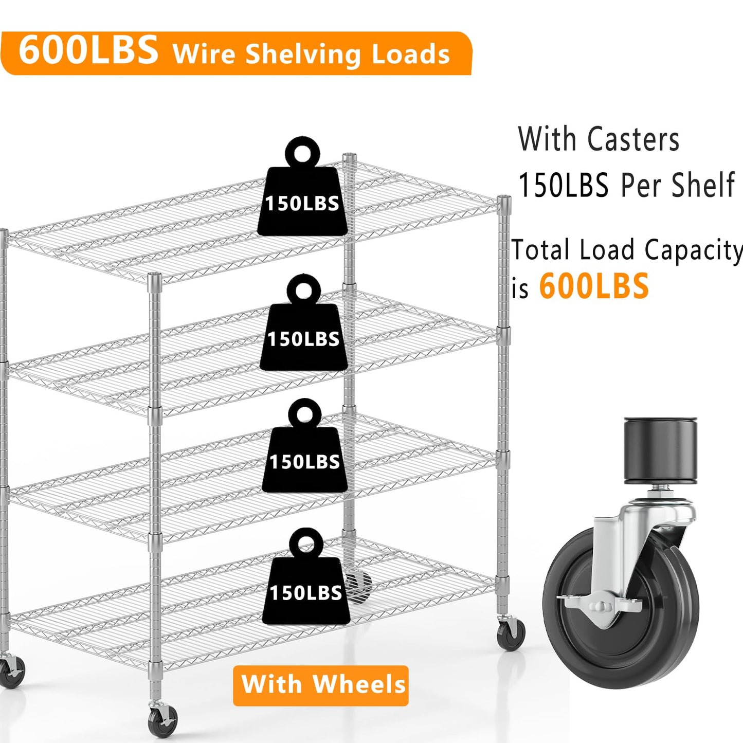 Himimi 4 Tier Wire Shelving with Wheels Heavy Duty Height Adjustable Metal Shelves for Storage, Commercial Grade Steel Utility Wire Rack for Kitchen Garage Pantry Organization-24×48×72, Silver