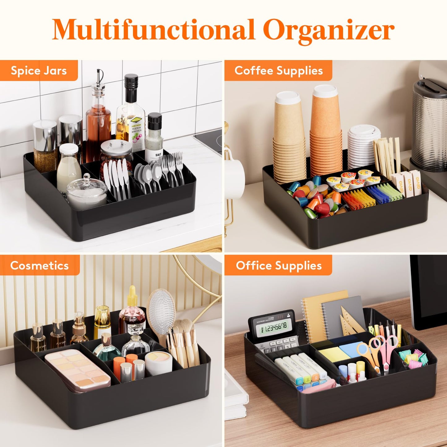 Lifewit Paper Plate Organizer for Kitchen Countertop, Plastic Silverware Caddy for Party, Utensil Holder with 7 Compartment, Cutlery Flatware Dispenser Box for Cup Spoon Fork Napkin, Black, 29 -31cm